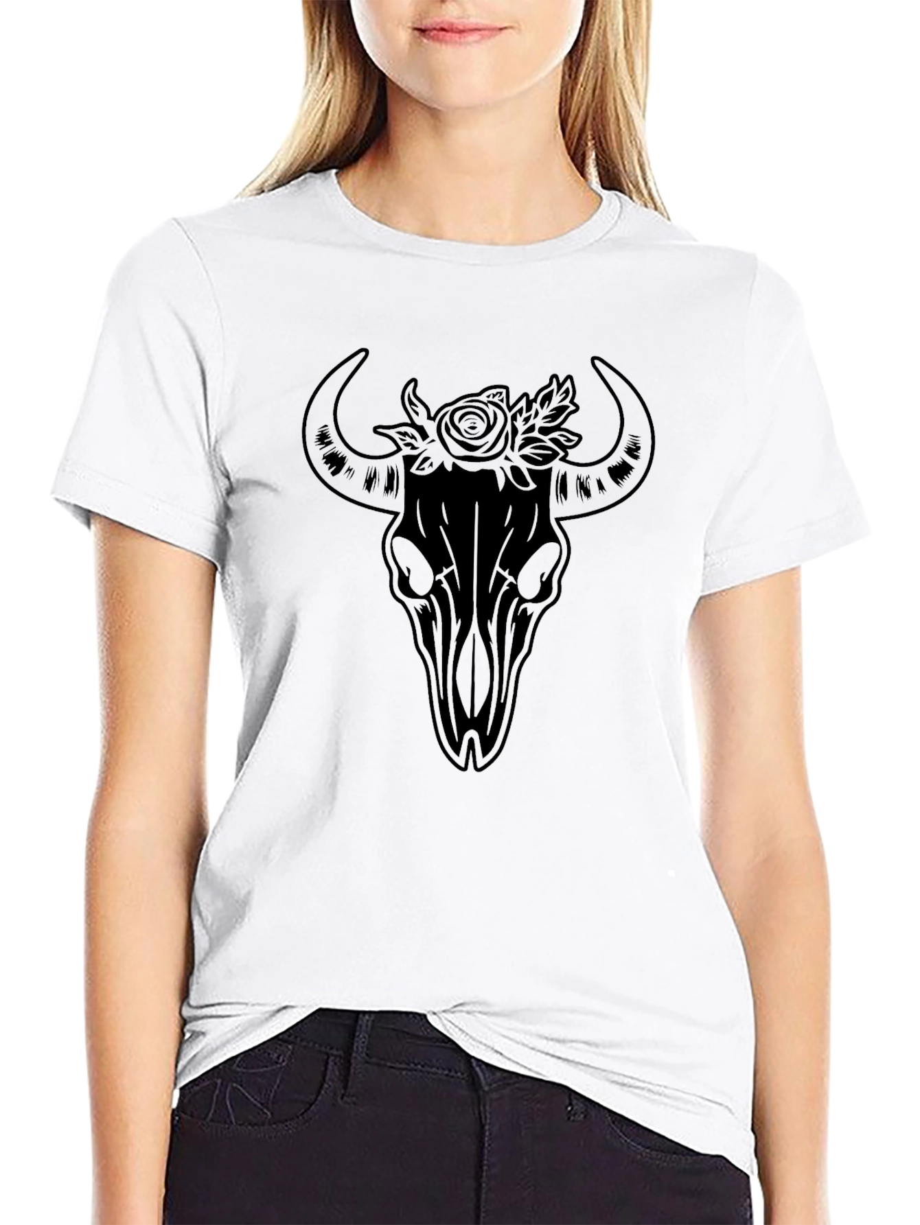 Black Bull Skull & Roses Graphic Tee