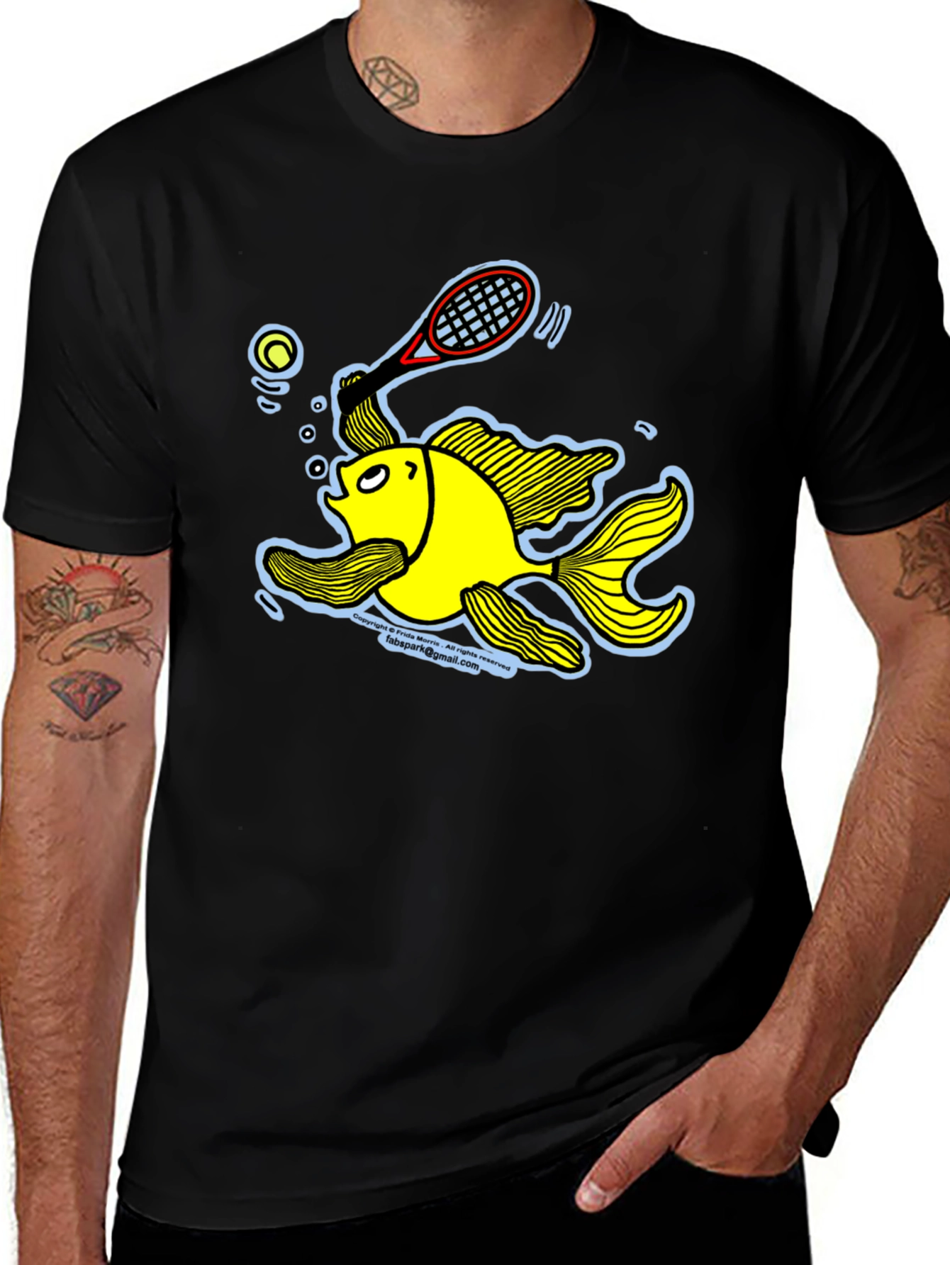 Funny Goldfish Tennis T-Shirt - Black Cotton Tee