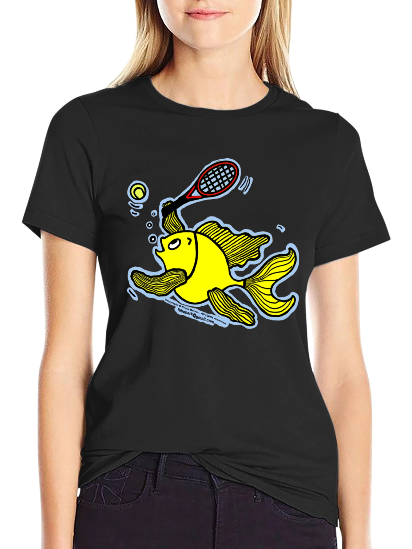 Funny Goldfish Tennis T-Shirt - Black Cotton Tee