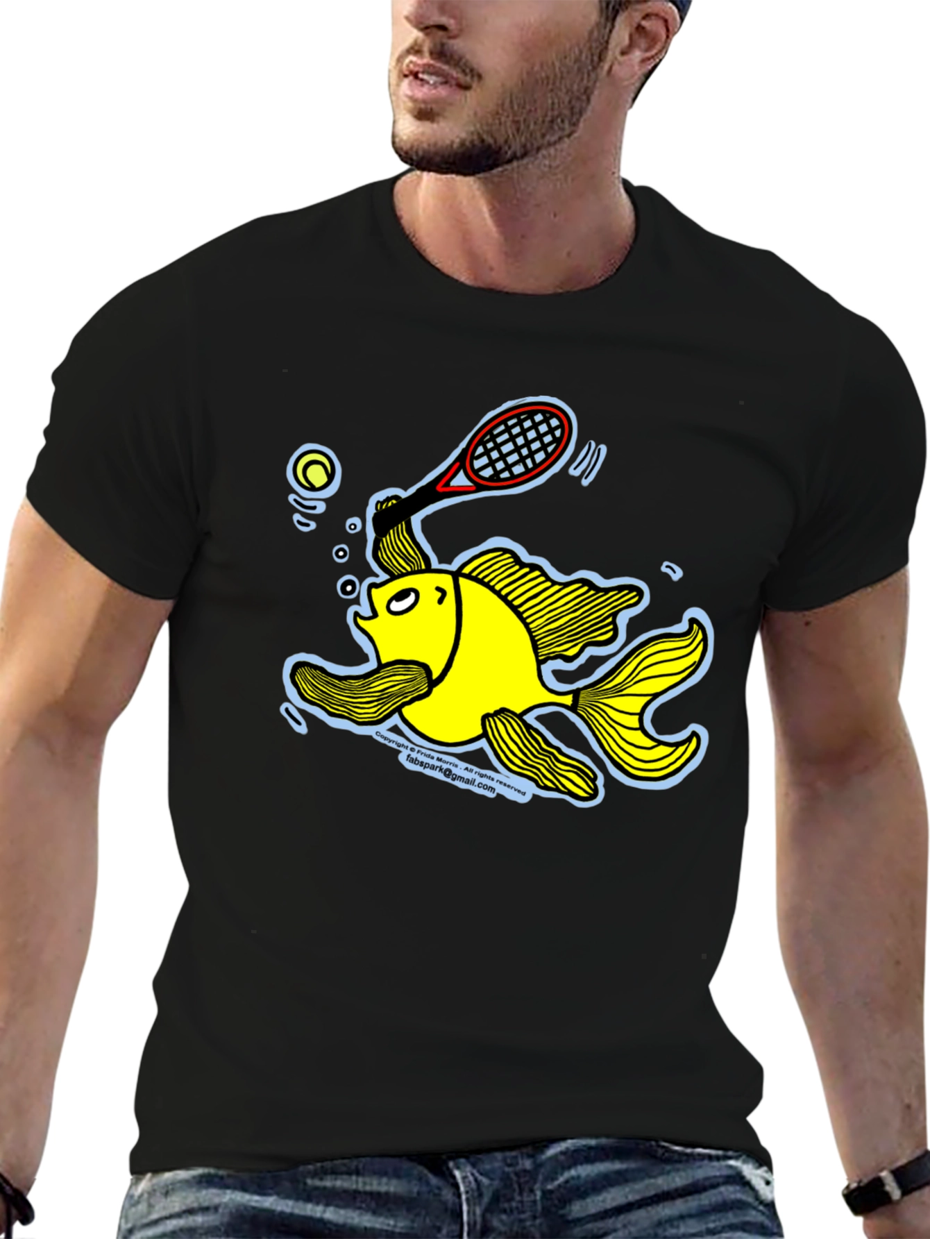 Funny Goldfish Tennis T-Shirt - Black Cotton Tee