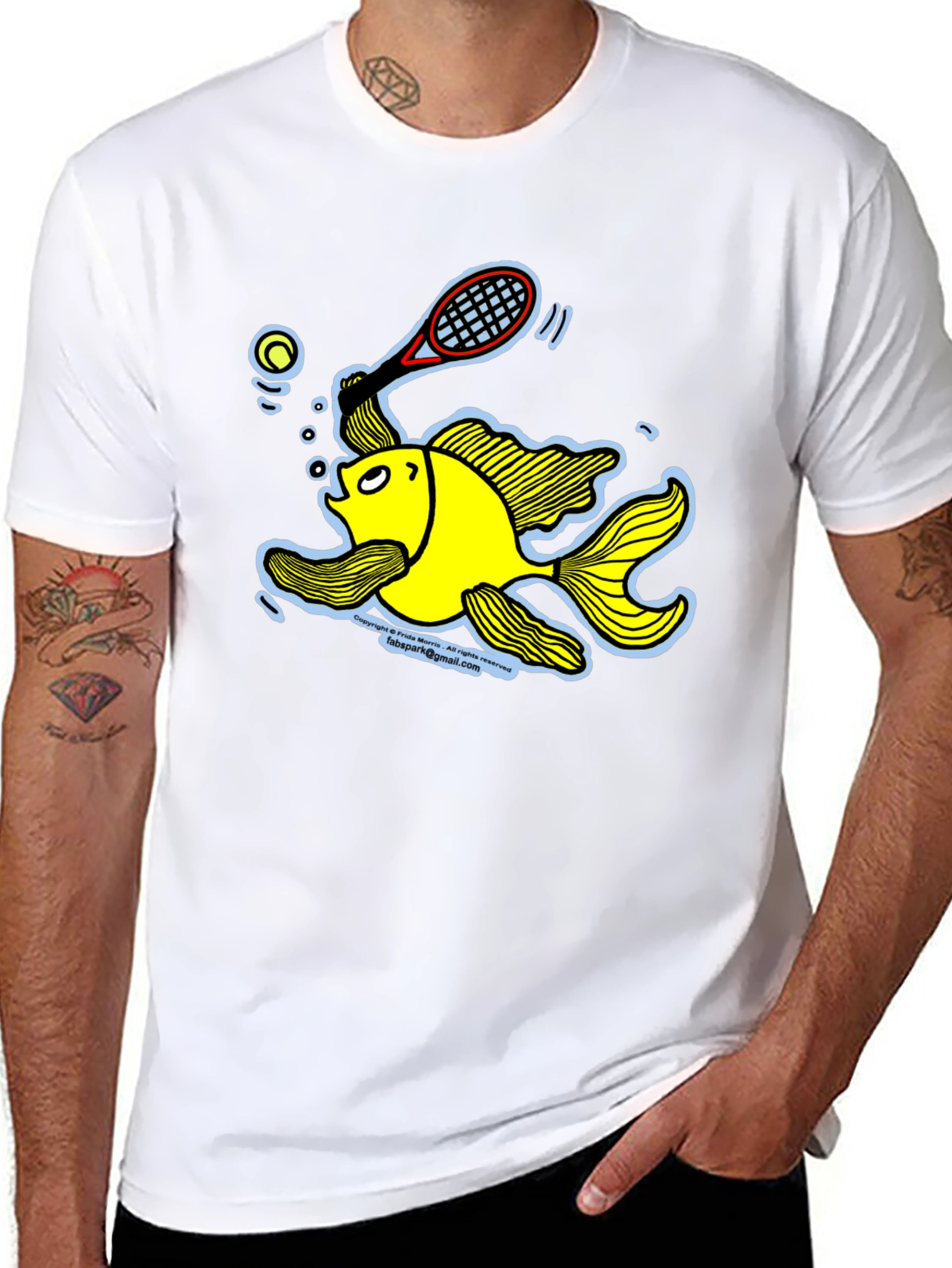 Funny Goldfish Tennis T-Shirt - Black Cotton Tee