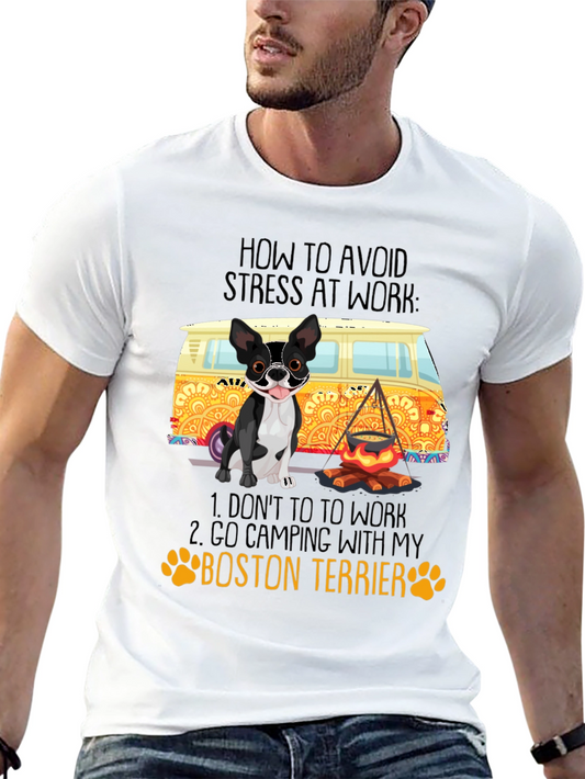 Boston Terrier Camping Graphic Tee - Avoid Stress at Work