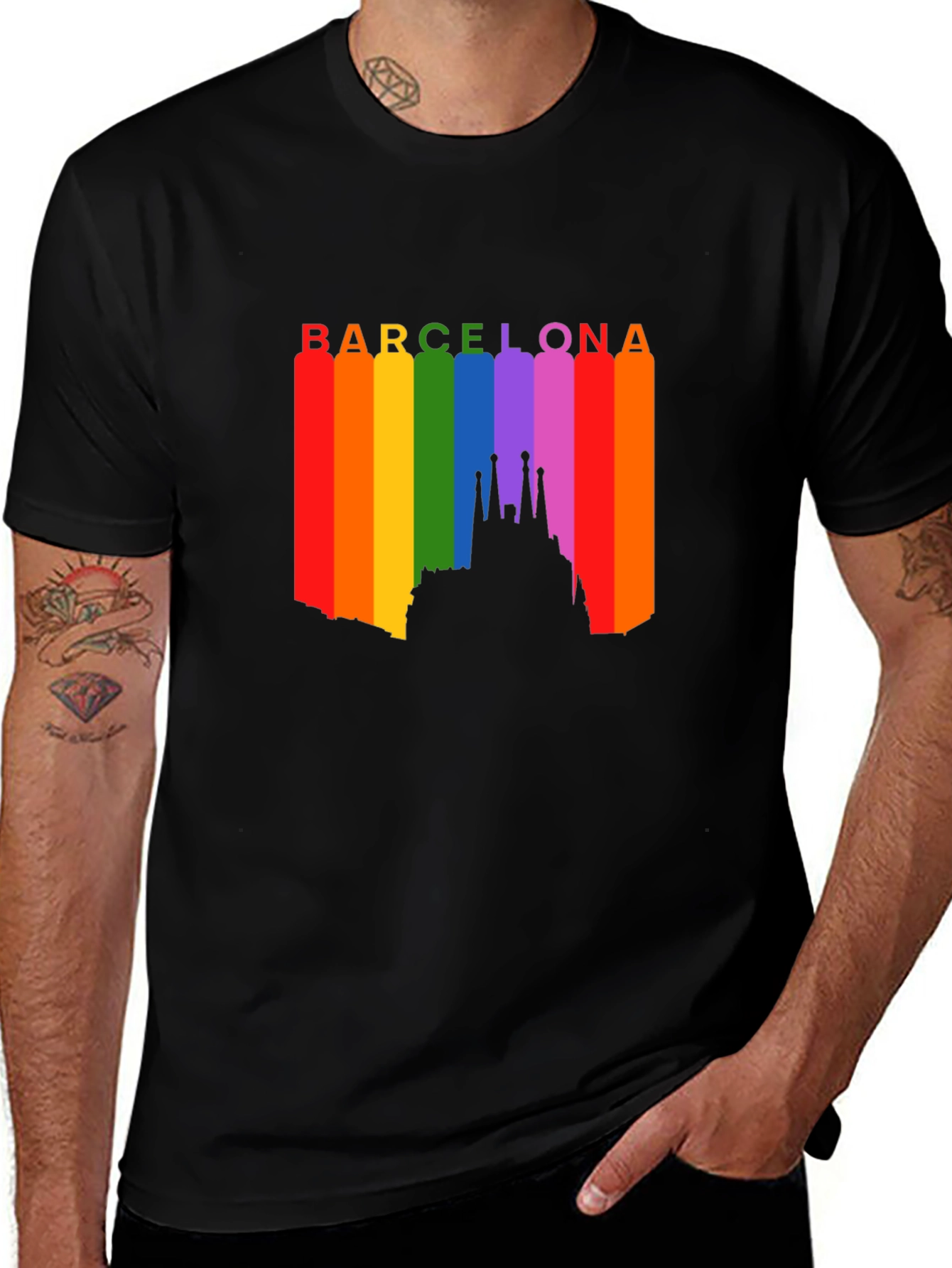Barcelona Pride T-Shirt - Rainbow Skyline Design
