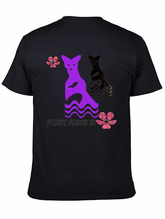 Unique Graphic Tee: Purple Cat & Floral Design