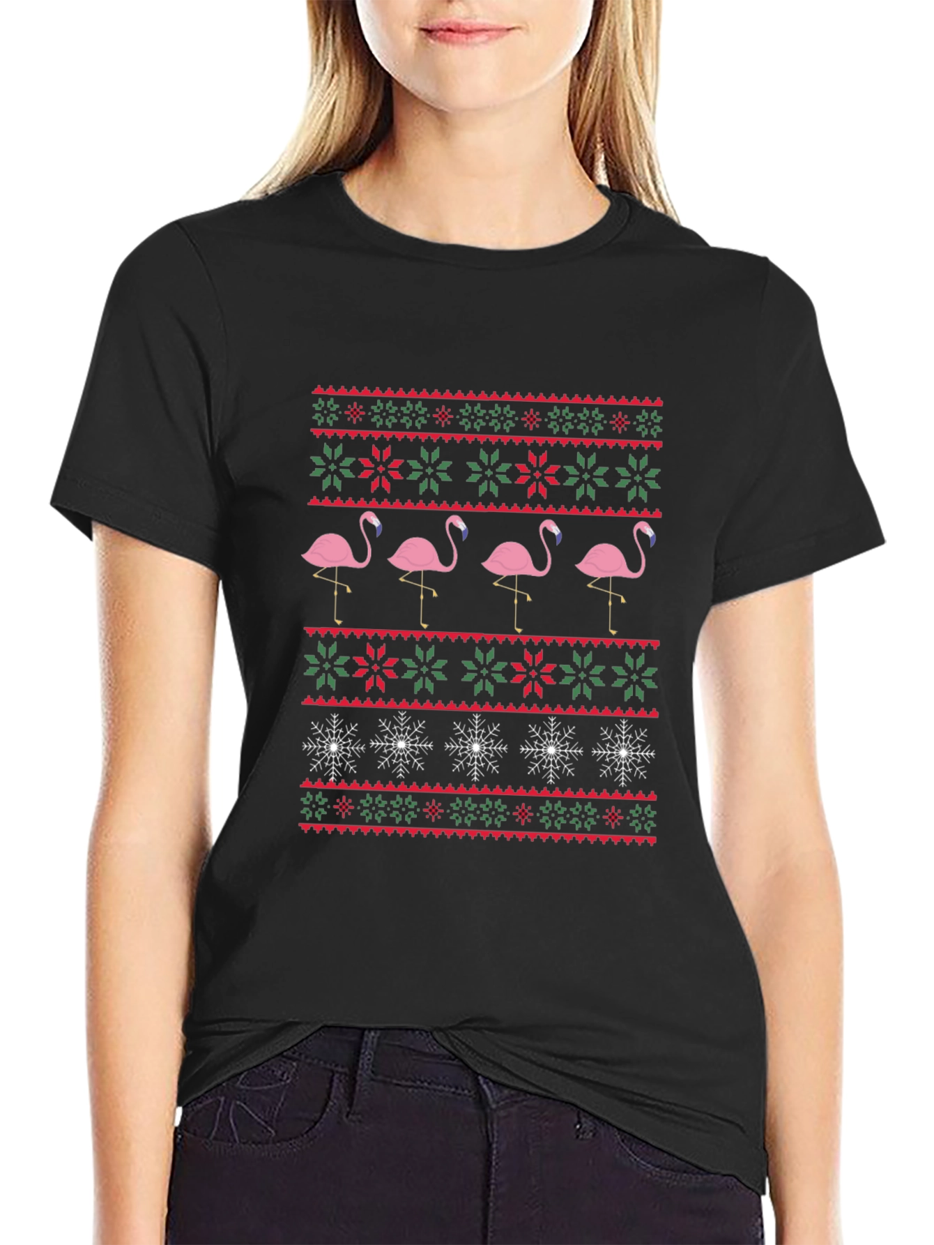Flamingo Christmas Sweater Pattern T-Shirt