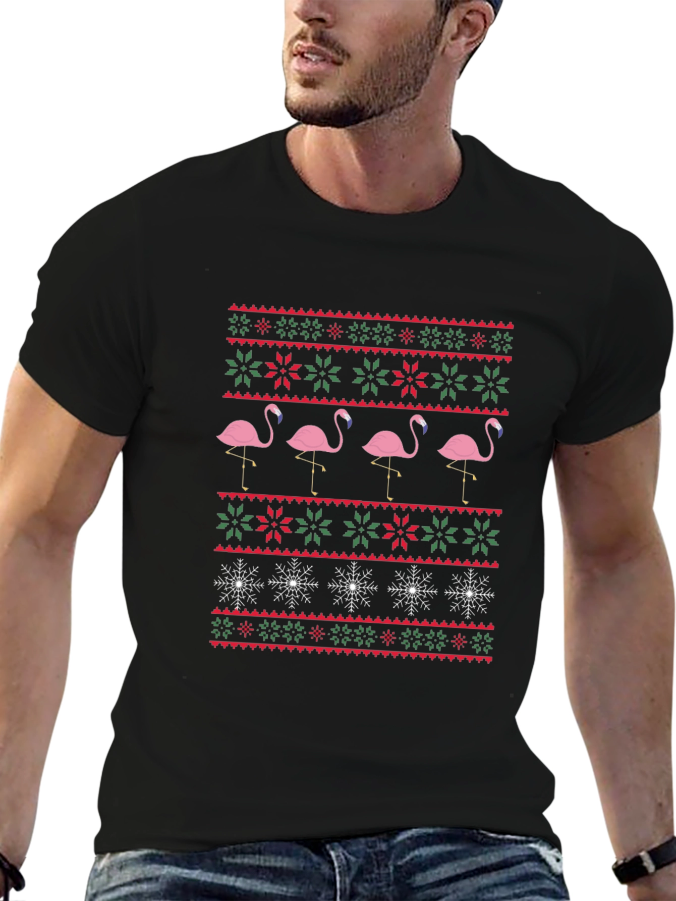 Flamingo Christmas Sweater Pattern T-Shirt