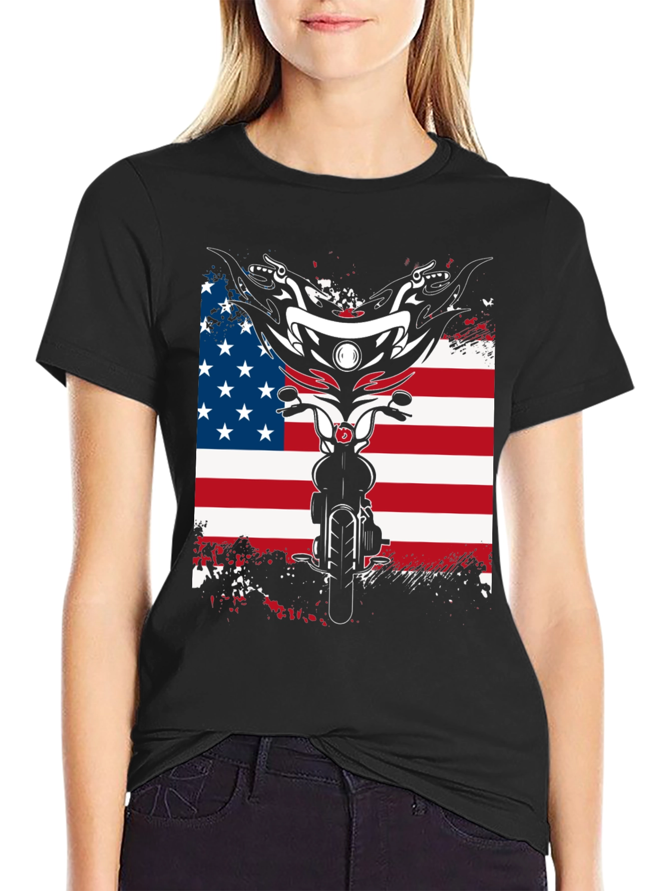 Motorcycle American Flag Graphic T-Shirt