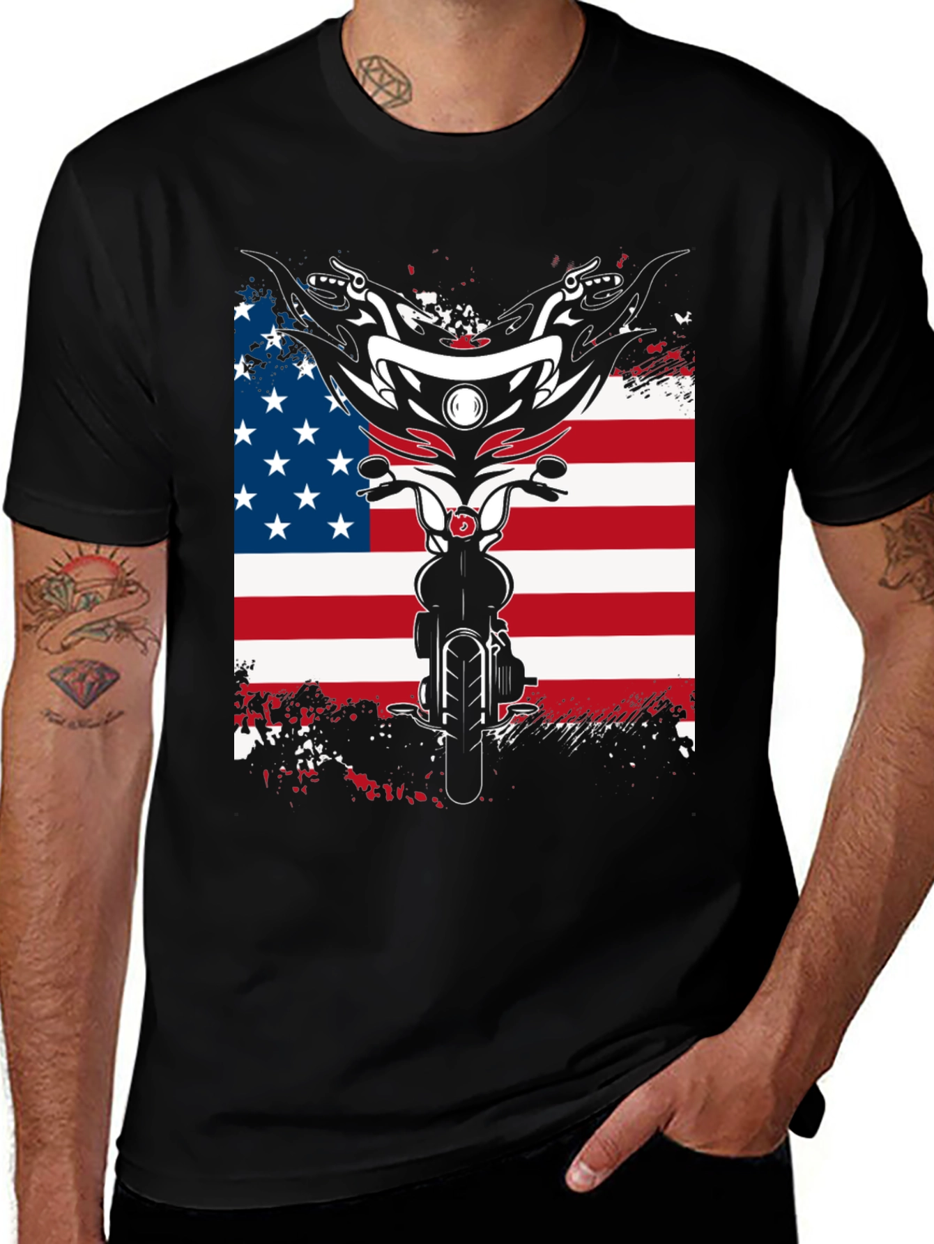 Motorcycle American Flag Graphic T-Shirt