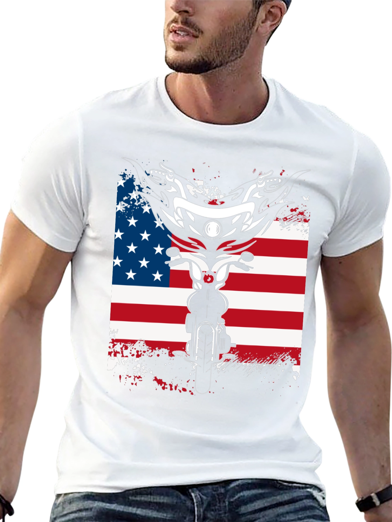 Motorcycle American Flag Graphic T-Shirt