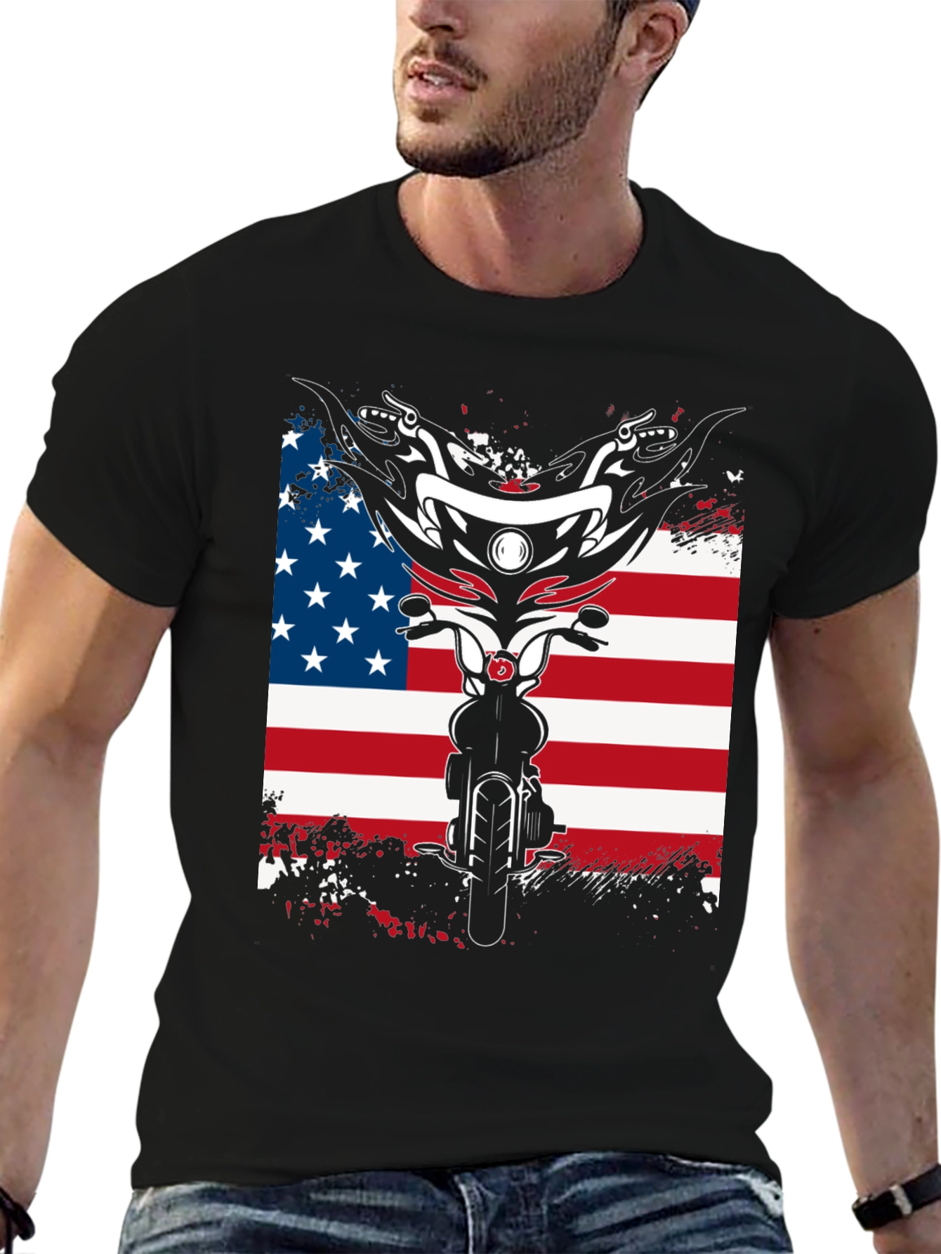 Motorcycle American Flag Graphic T-Shirt