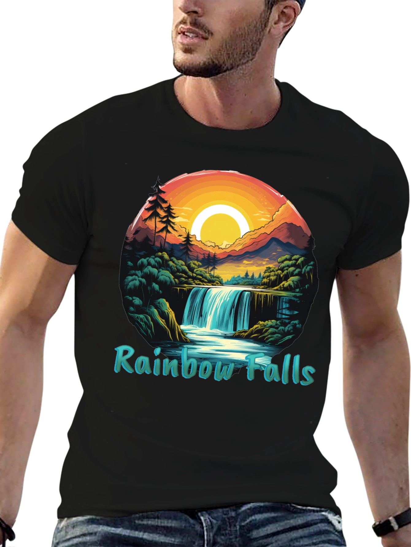 Rainbow Falls Graphic Print Black T-Shirt