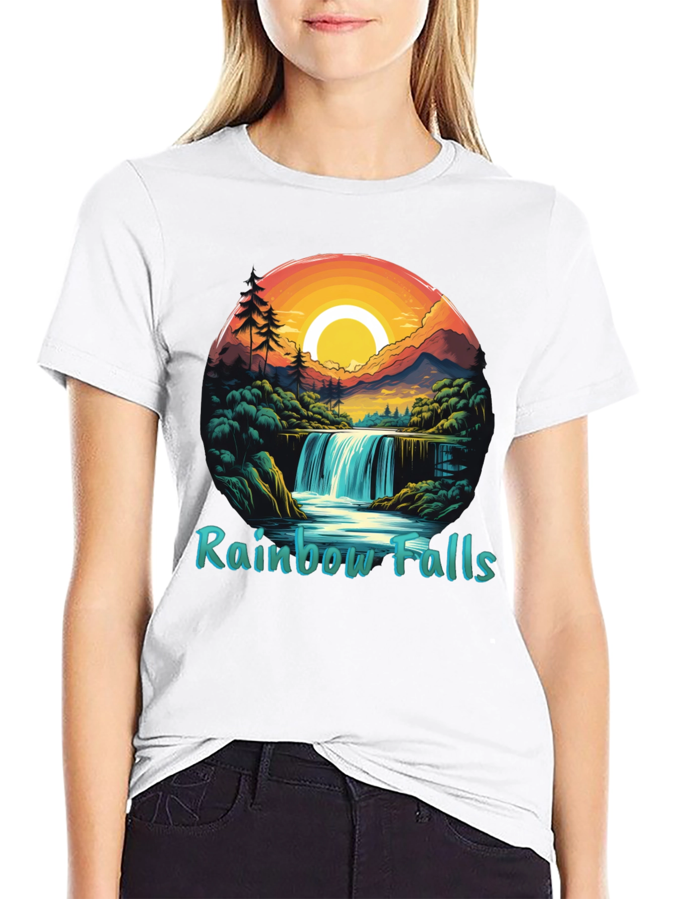 Rainbow Falls Graphic Print Black T-Shirt