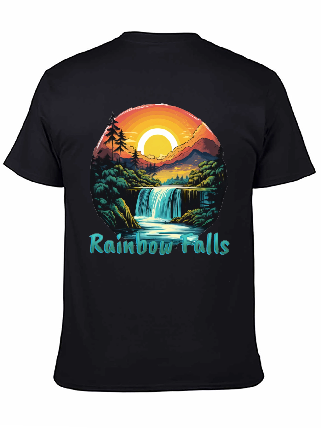 Rainbow Falls Graphic Print Black T-Shirt