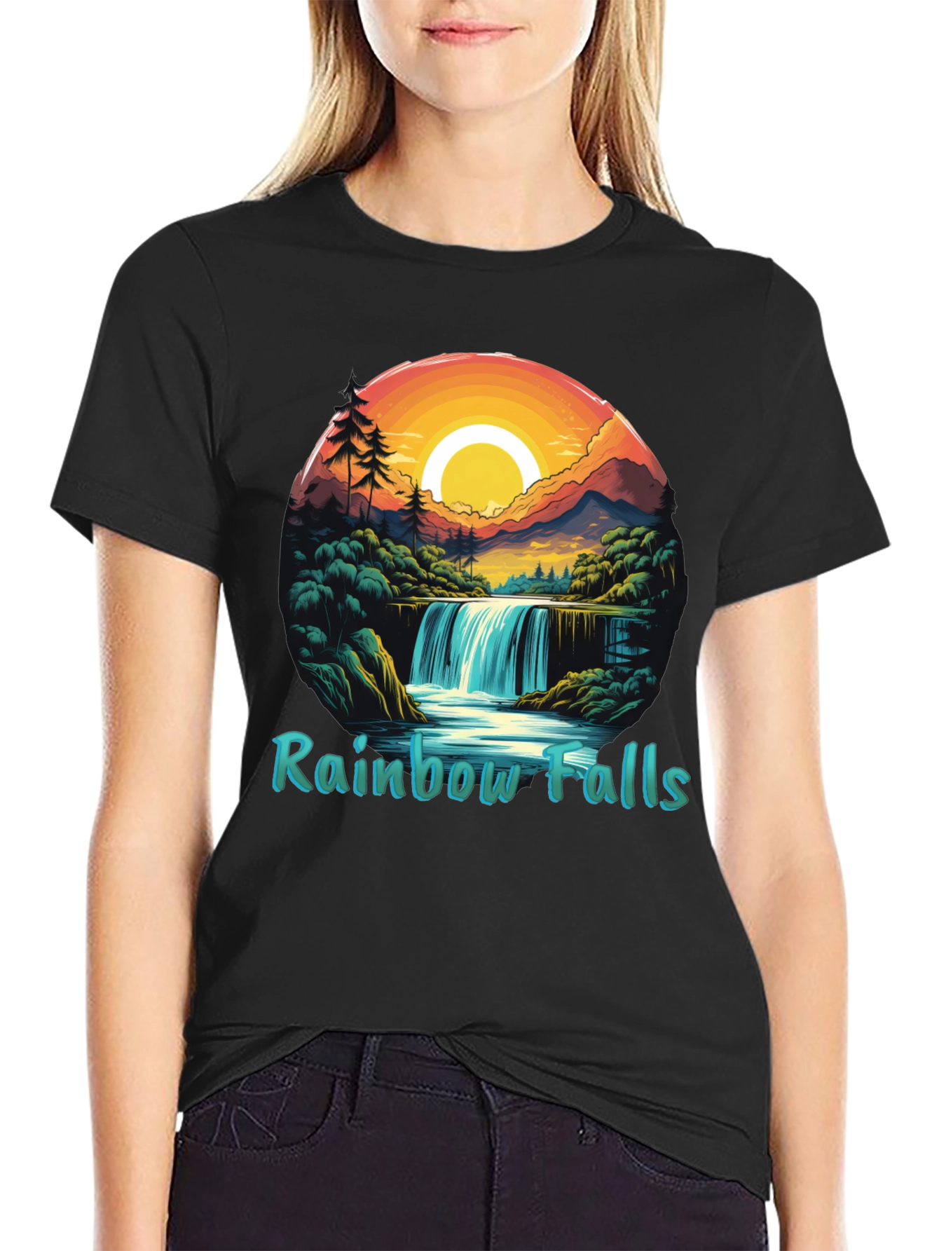 Rainbow Falls Graphic Print Black T-Shirt