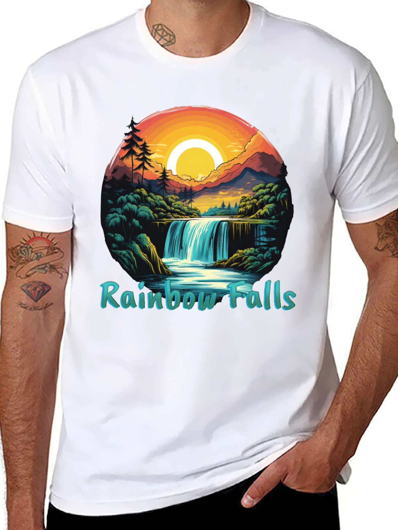 Rainbow Falls Graphic Print Black T-Shirt