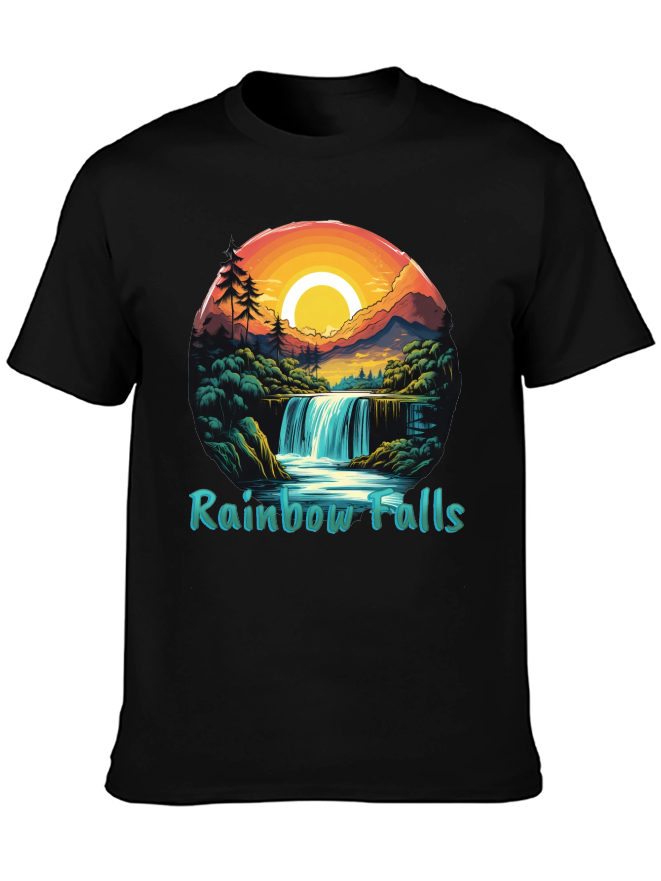 Rainbow Falls Graphic Print Black T-Shirt