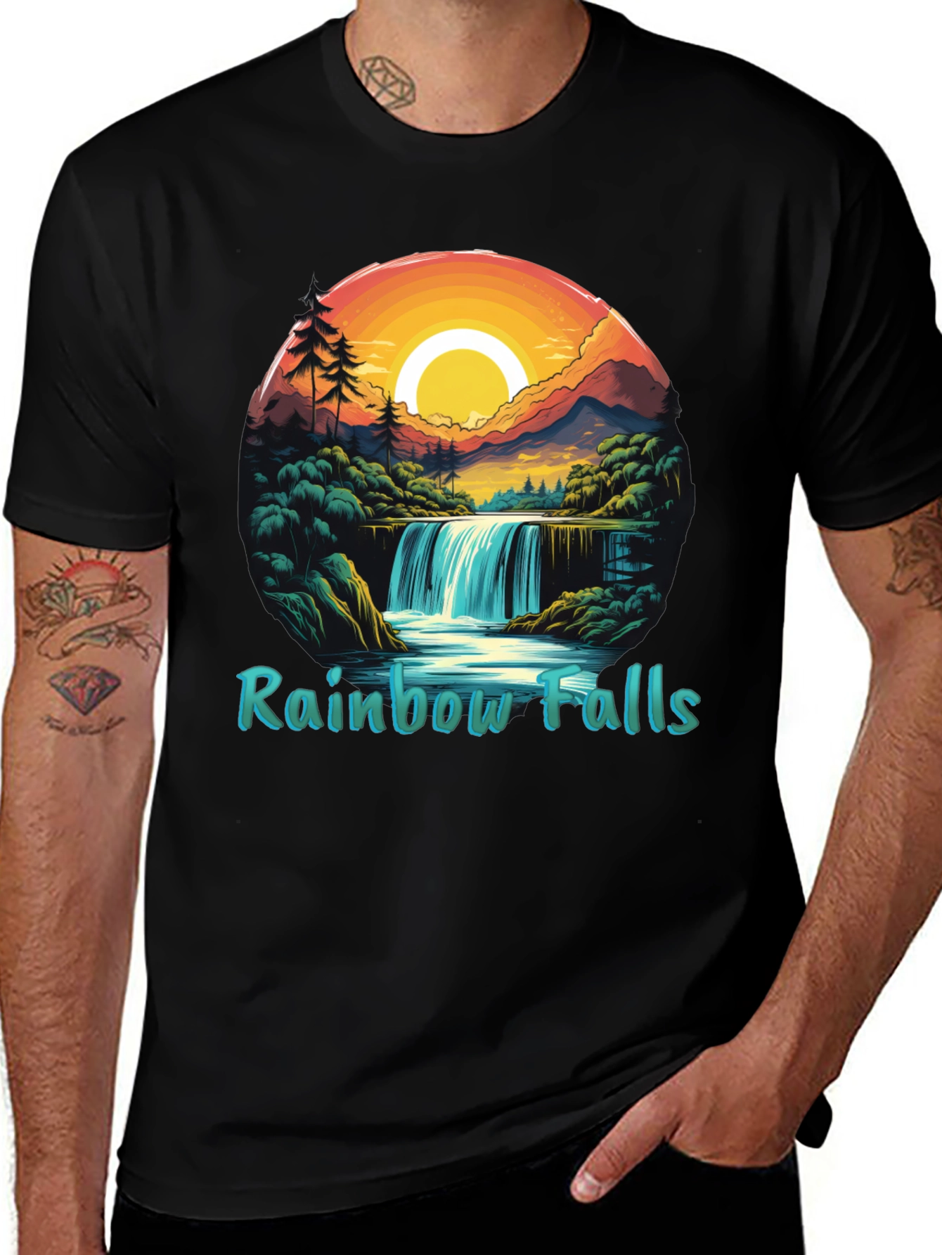 Rainbow Falls Graphic Print Black T-Shirt