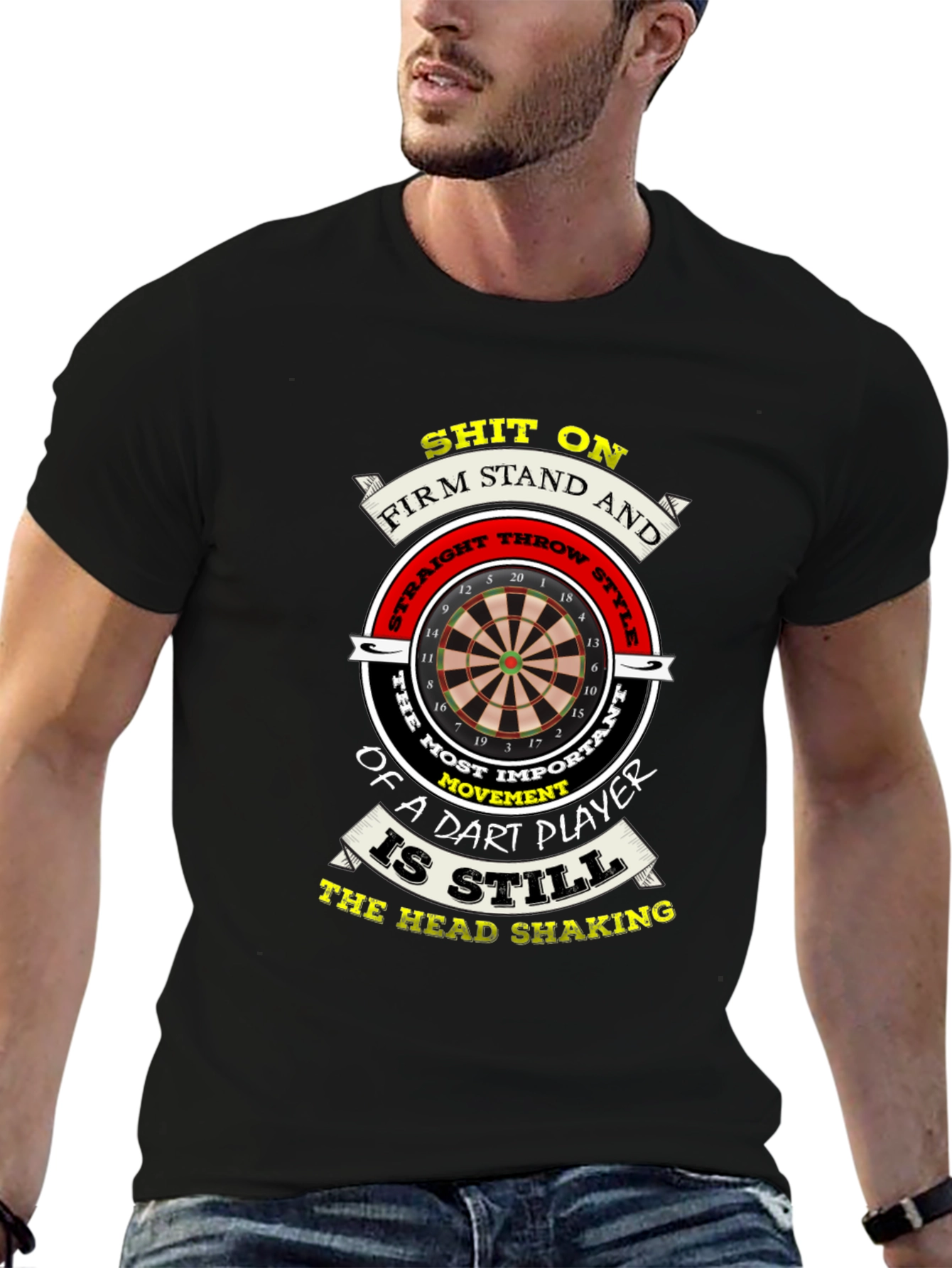 Funny Dart Player T-Shirt - Head Shaking Throw Style