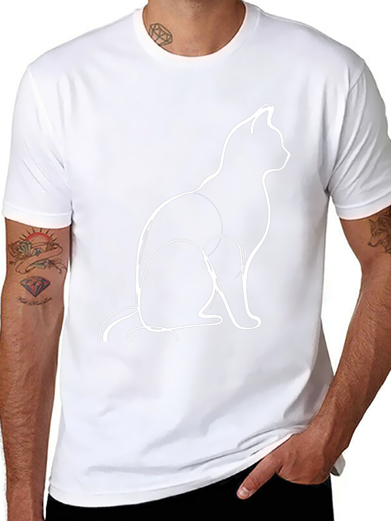 Minimalist Cat Outline Graphic Tee - Black