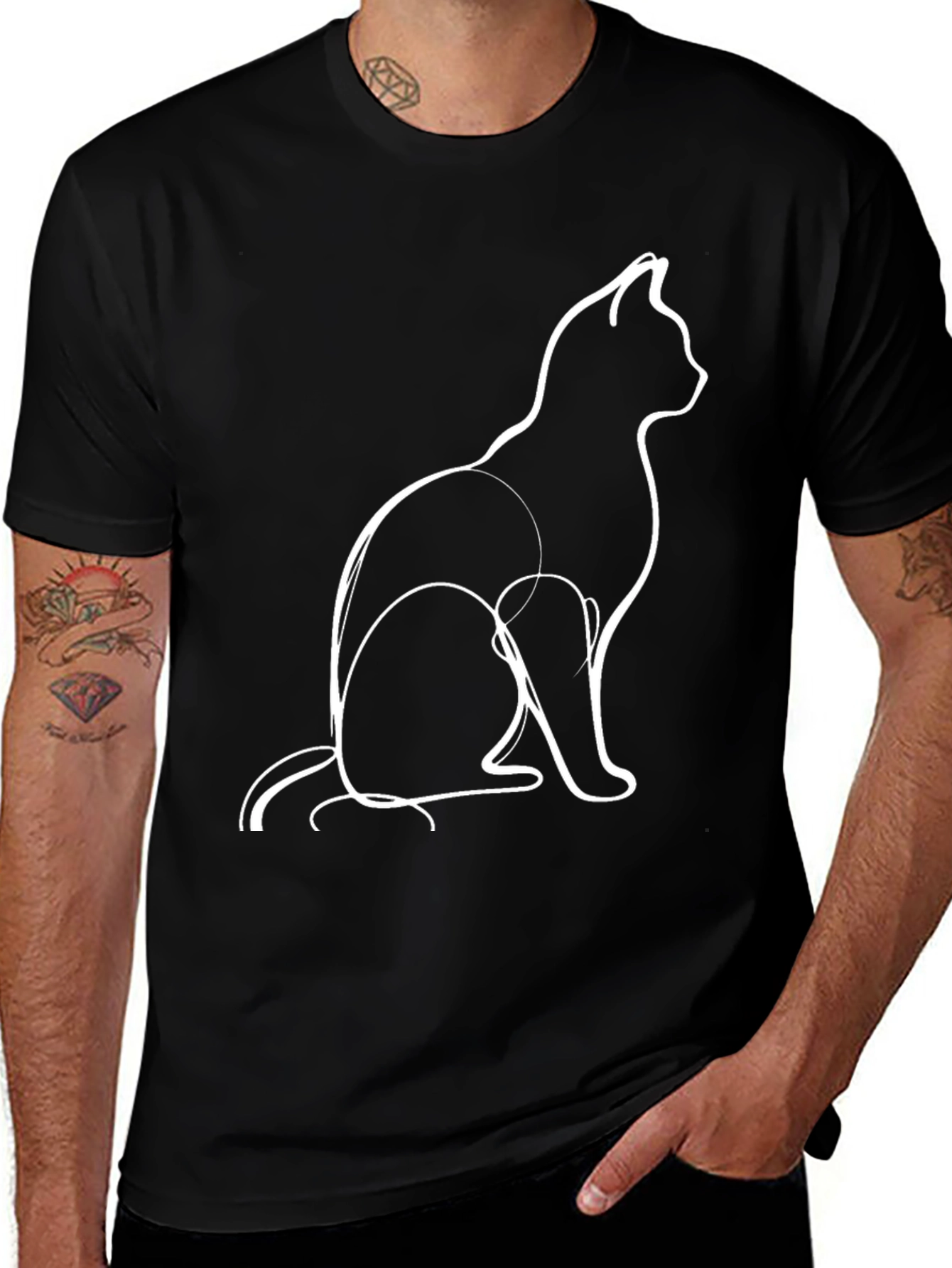 Minimalist Cat Outline Graphic Tee - Black
