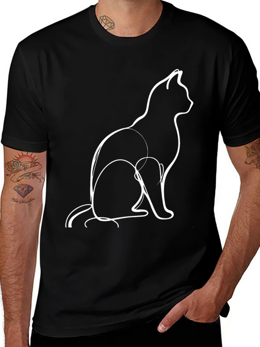 Minimalist Cat Outline Graphic Tee - Black