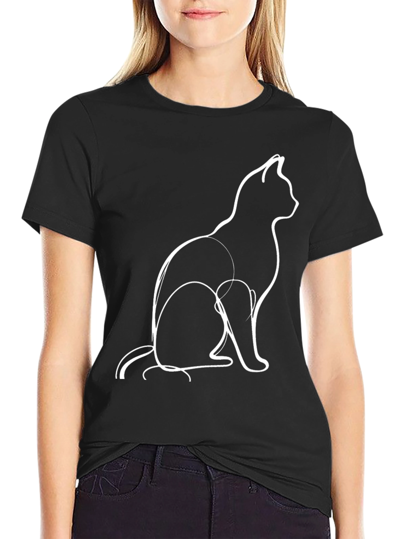 Minimalist Cat Outline Graphic Tee - Black