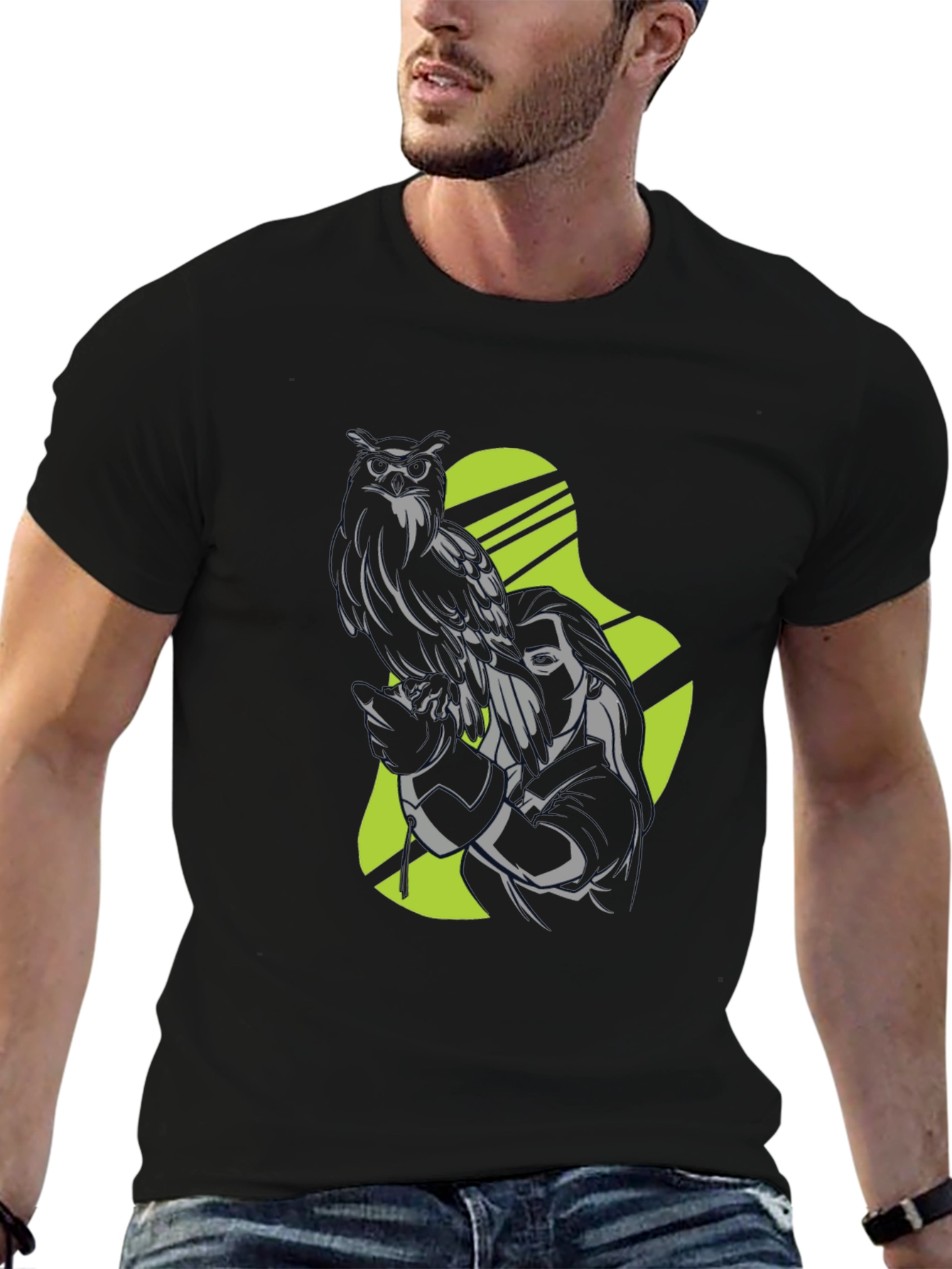 Owl and Woman Graphic Black T-Shirt