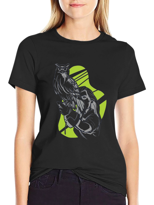 Owl and Woman Graphic Black T-Shirt