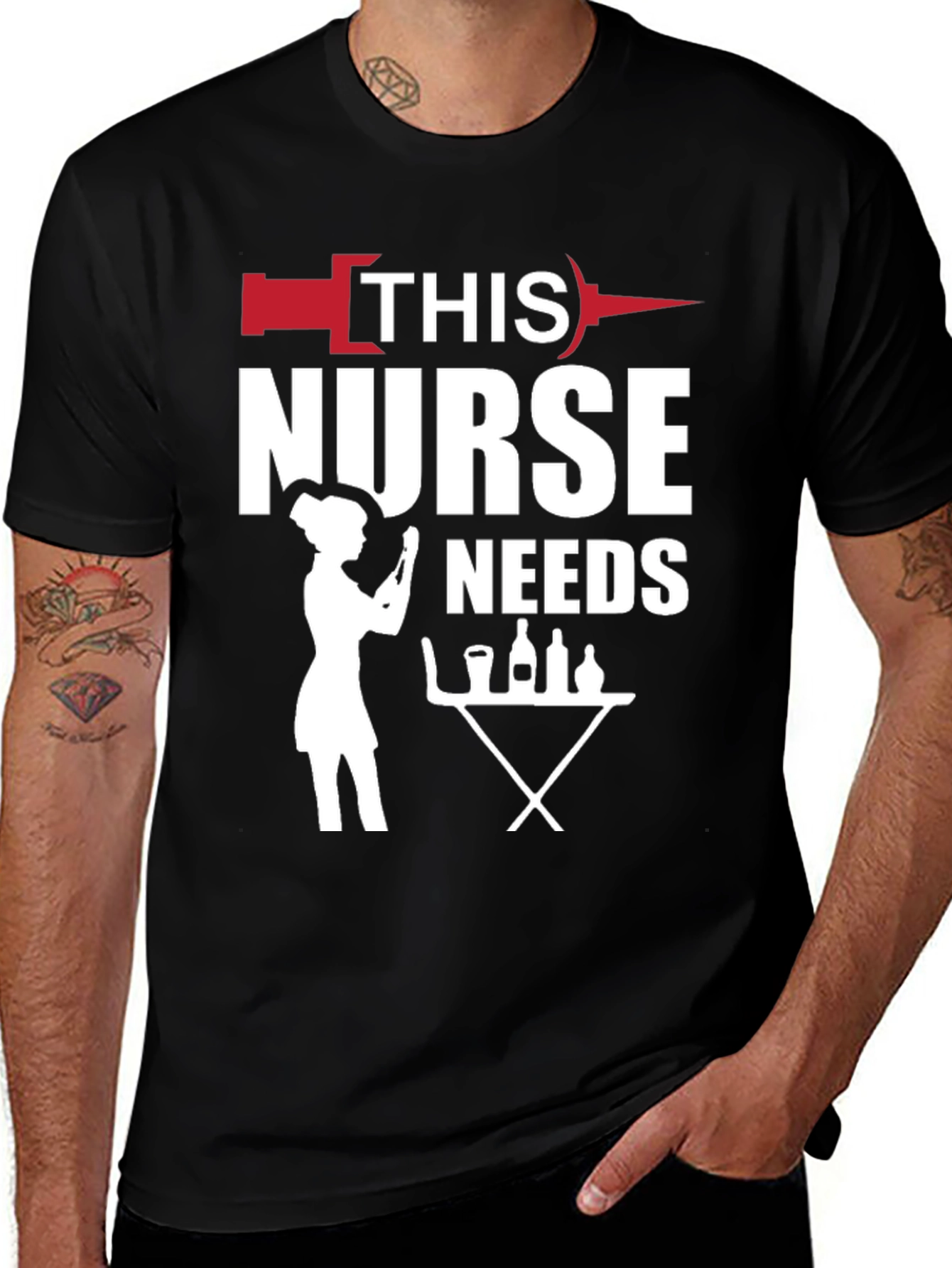 Humorous Nurse Needs Wine T-Shirt - Black