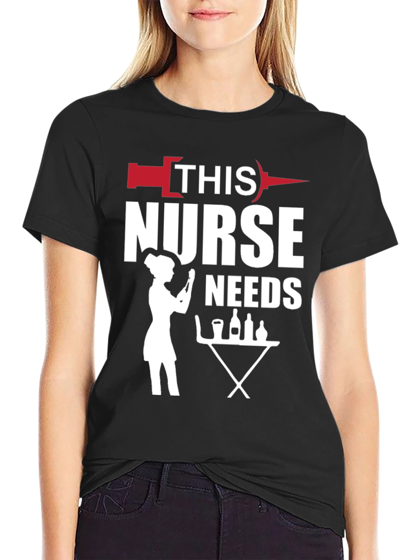 Humorous Nurse Needs Wine T-Shirt - Black