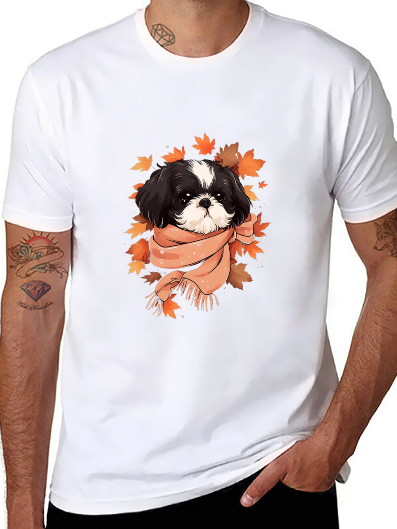 Dog With Scarf Graphic Tee - Autumn Style