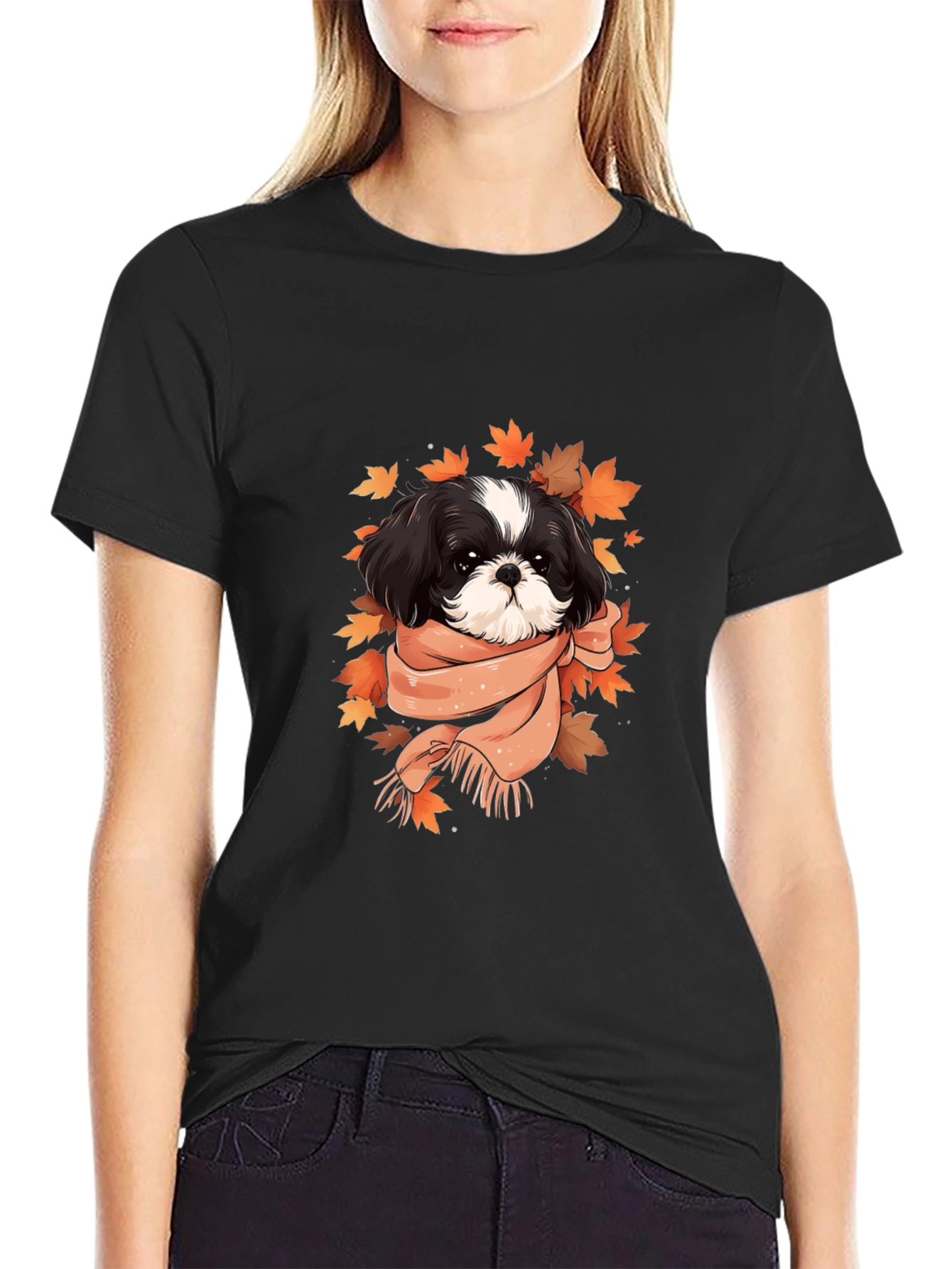Dog With Scarf Graphic Tee - Autumn Style