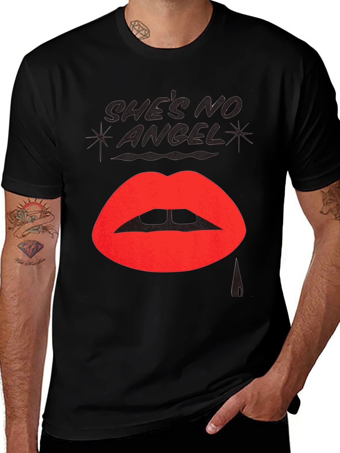 Shes No Angel Lip Print Black T-Shirt