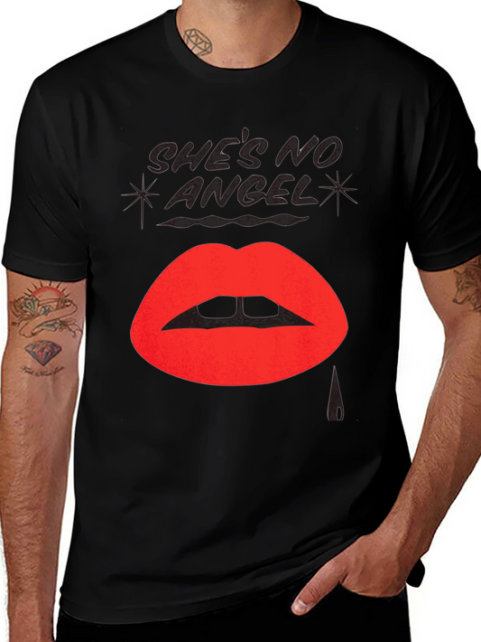Shes No Angel Lip Print Black T-Shirt