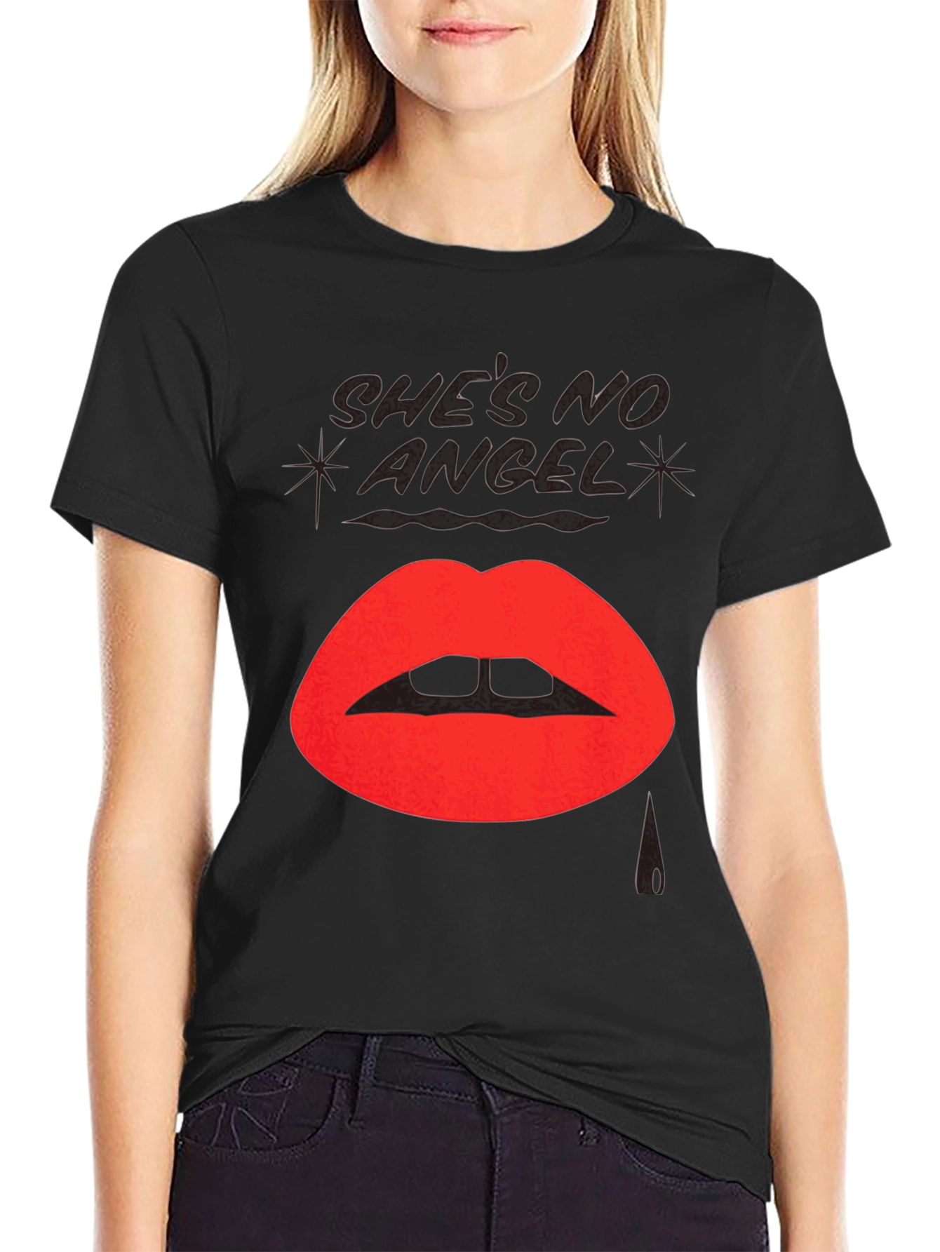 Shes No Angel Lip Print Black T-Shirt