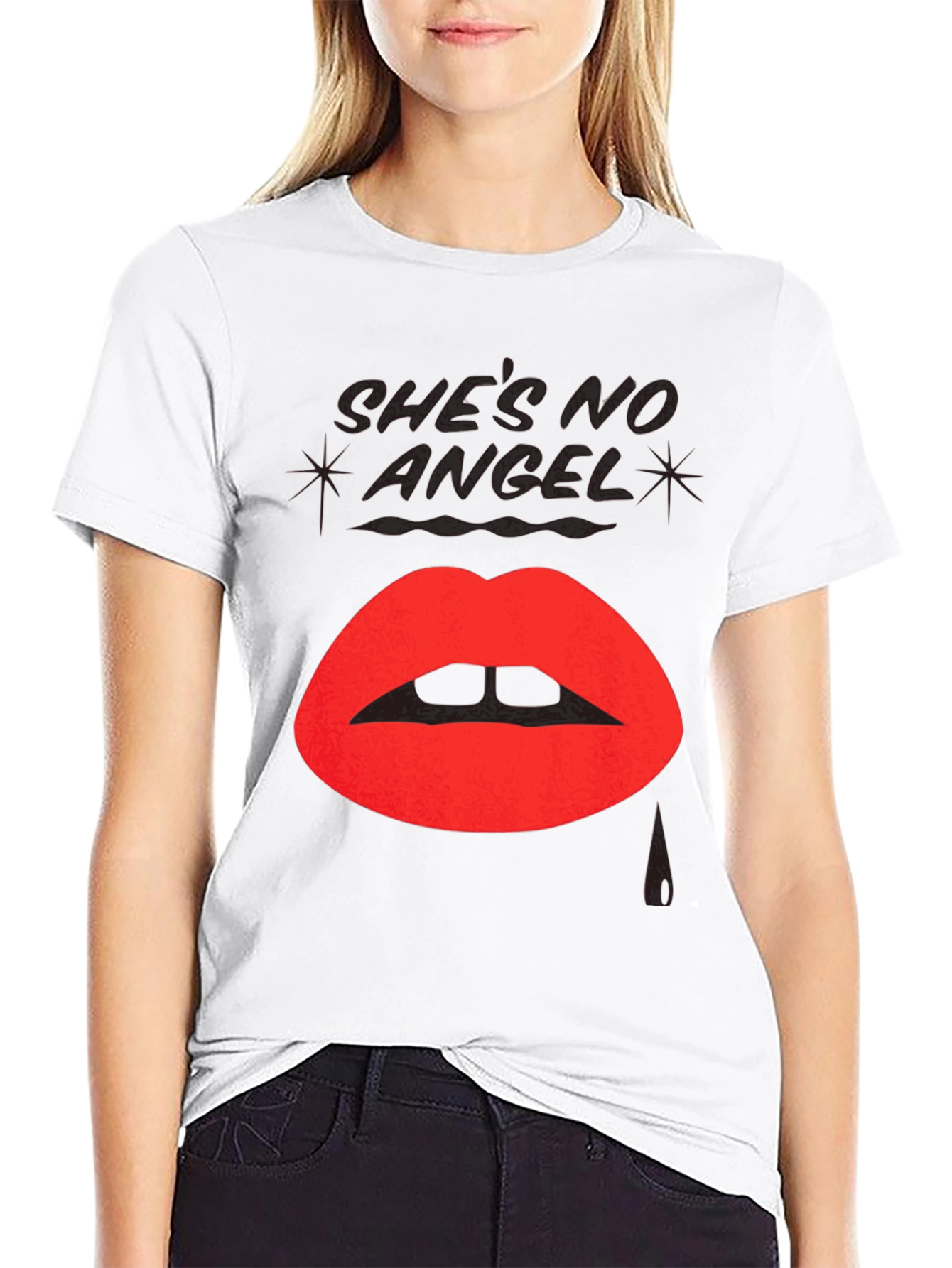 Shes No Angel Lip Print Black T-Shirt