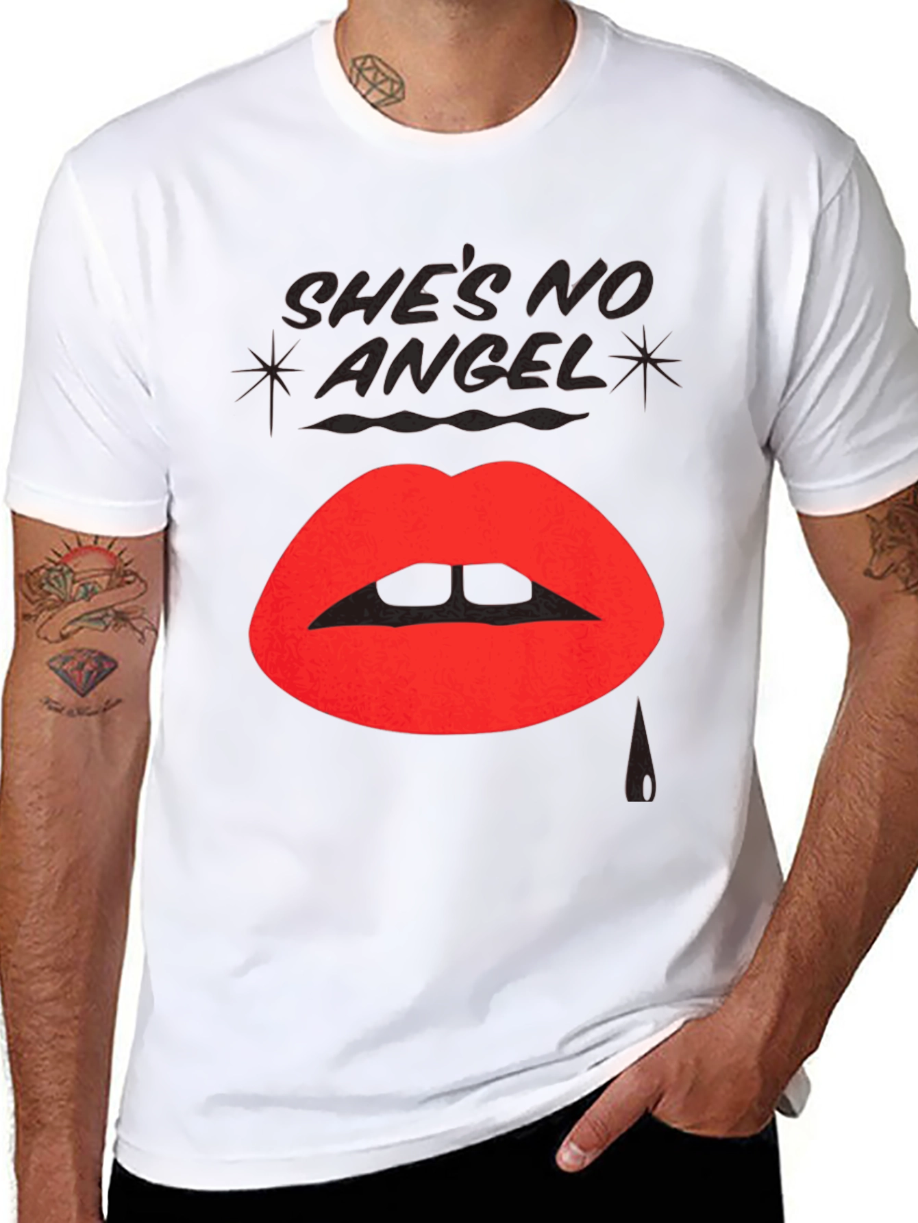 Shes No Angel Lip Print Black T-Shirt
