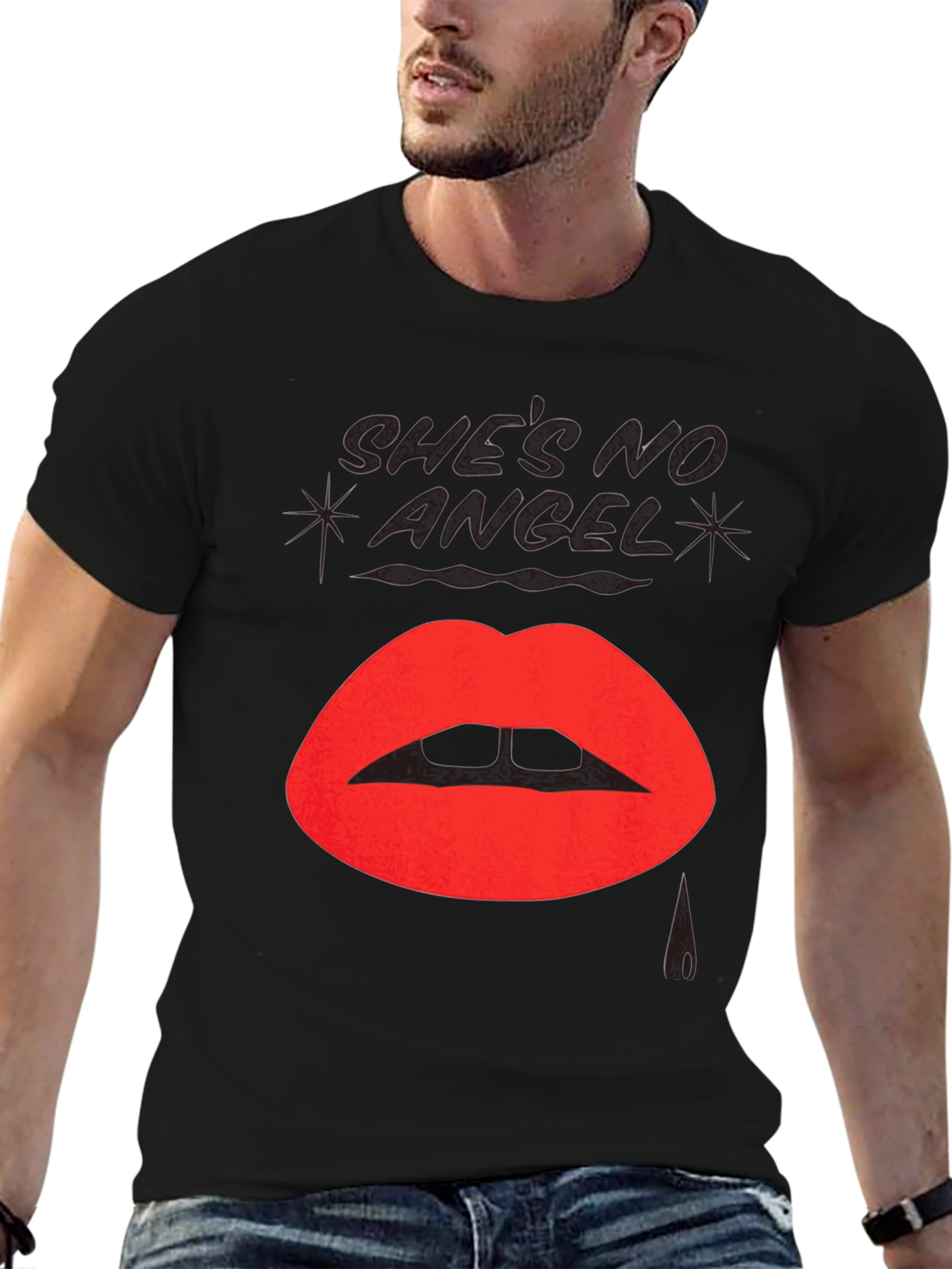 Shes No Angel Lip Print Black T-Shirt
