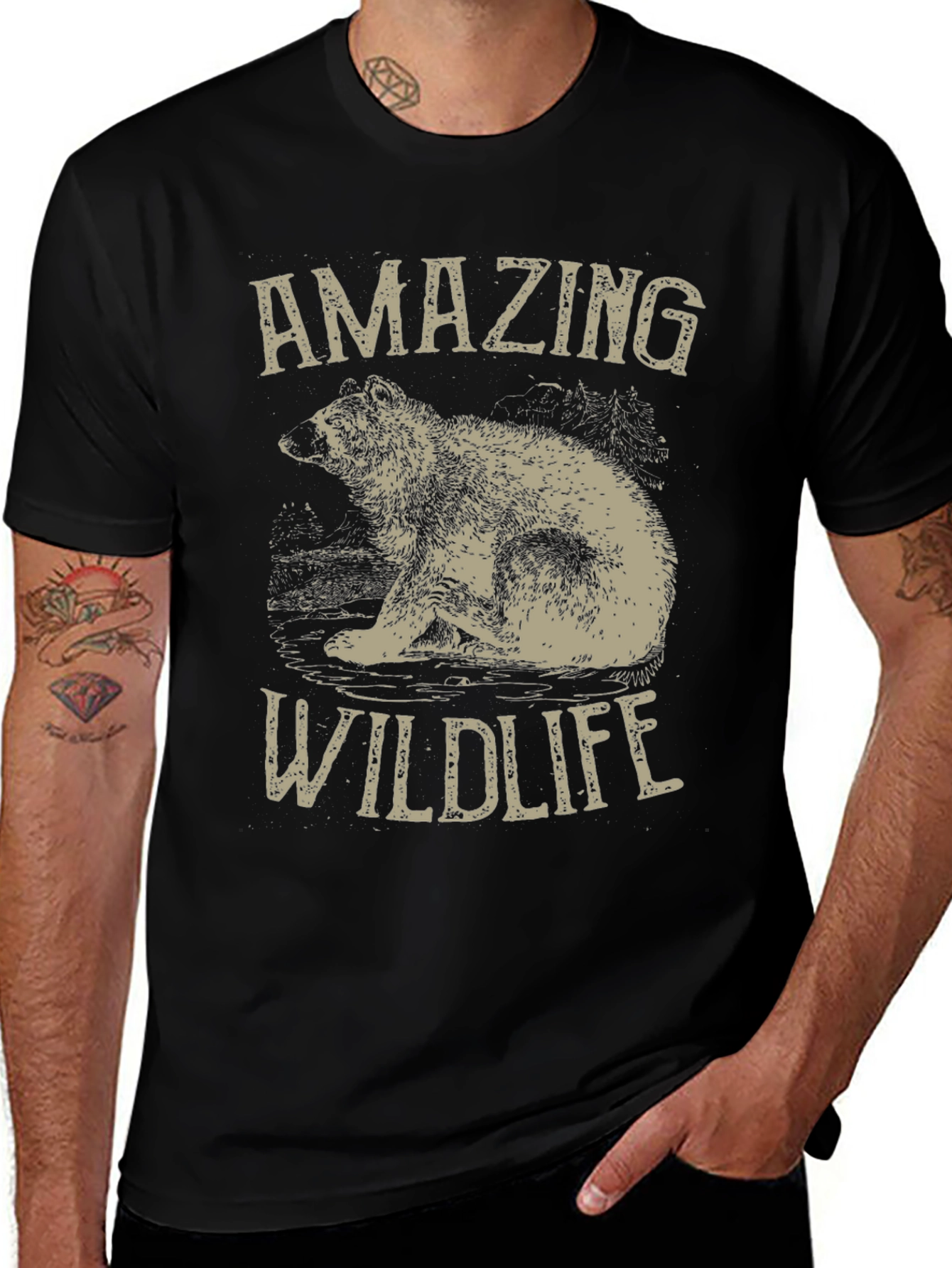 Amazing Wildlife Bear Graphic Tee - Black Cotton Shirt