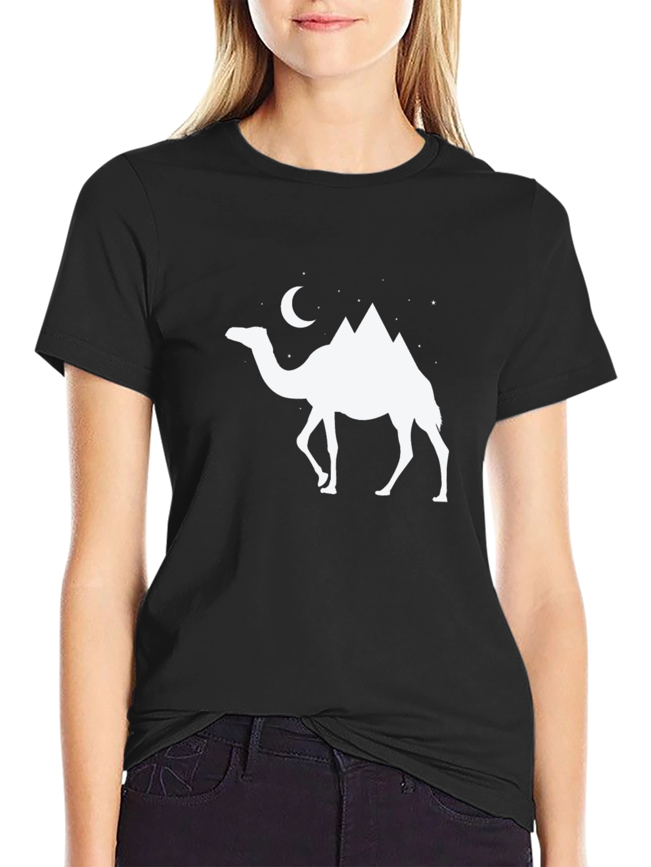 Camel Moon Desert T-Shirt - Black Cotton Tee