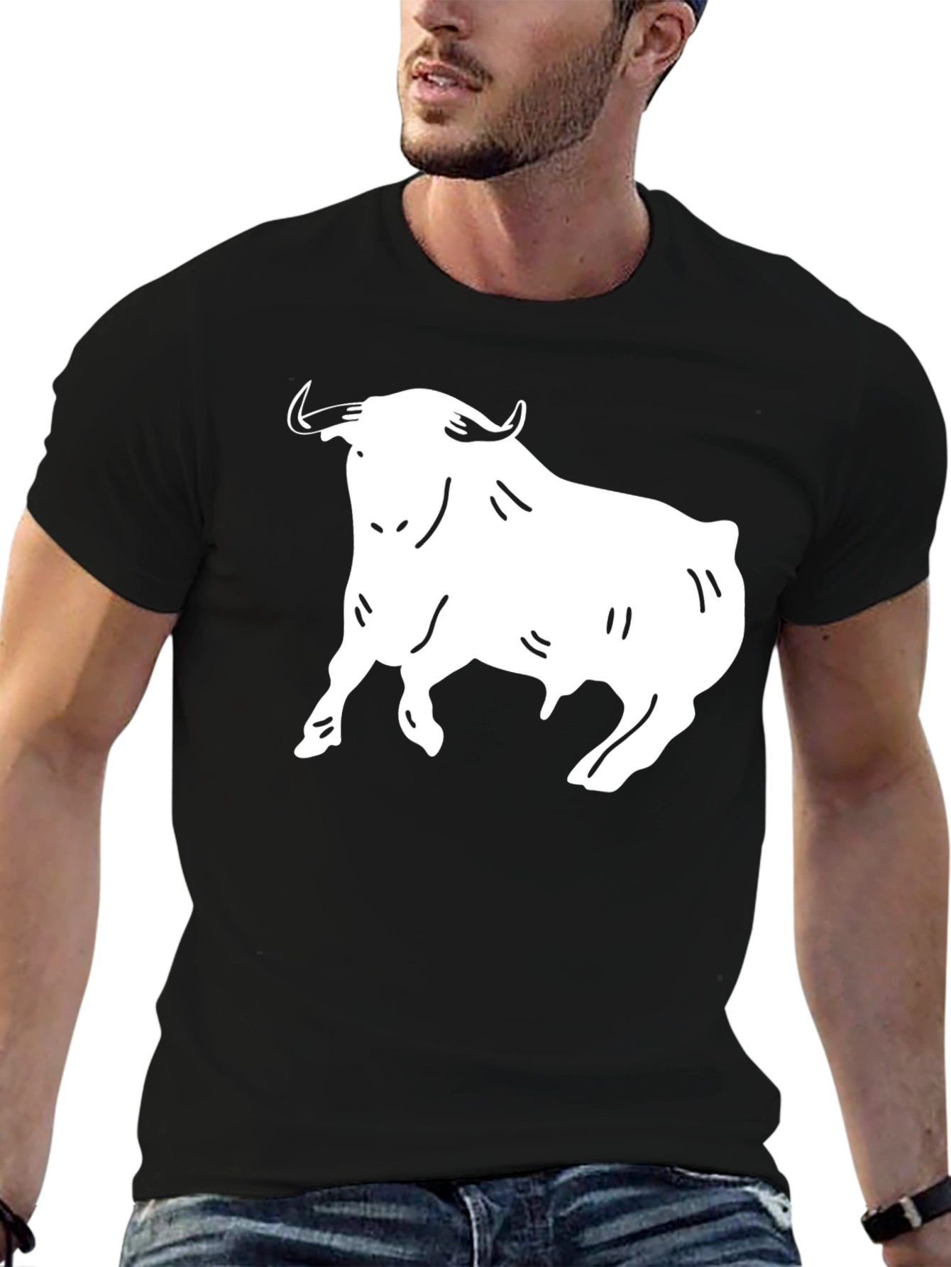 Black T-Shirt with White Bull Graphic