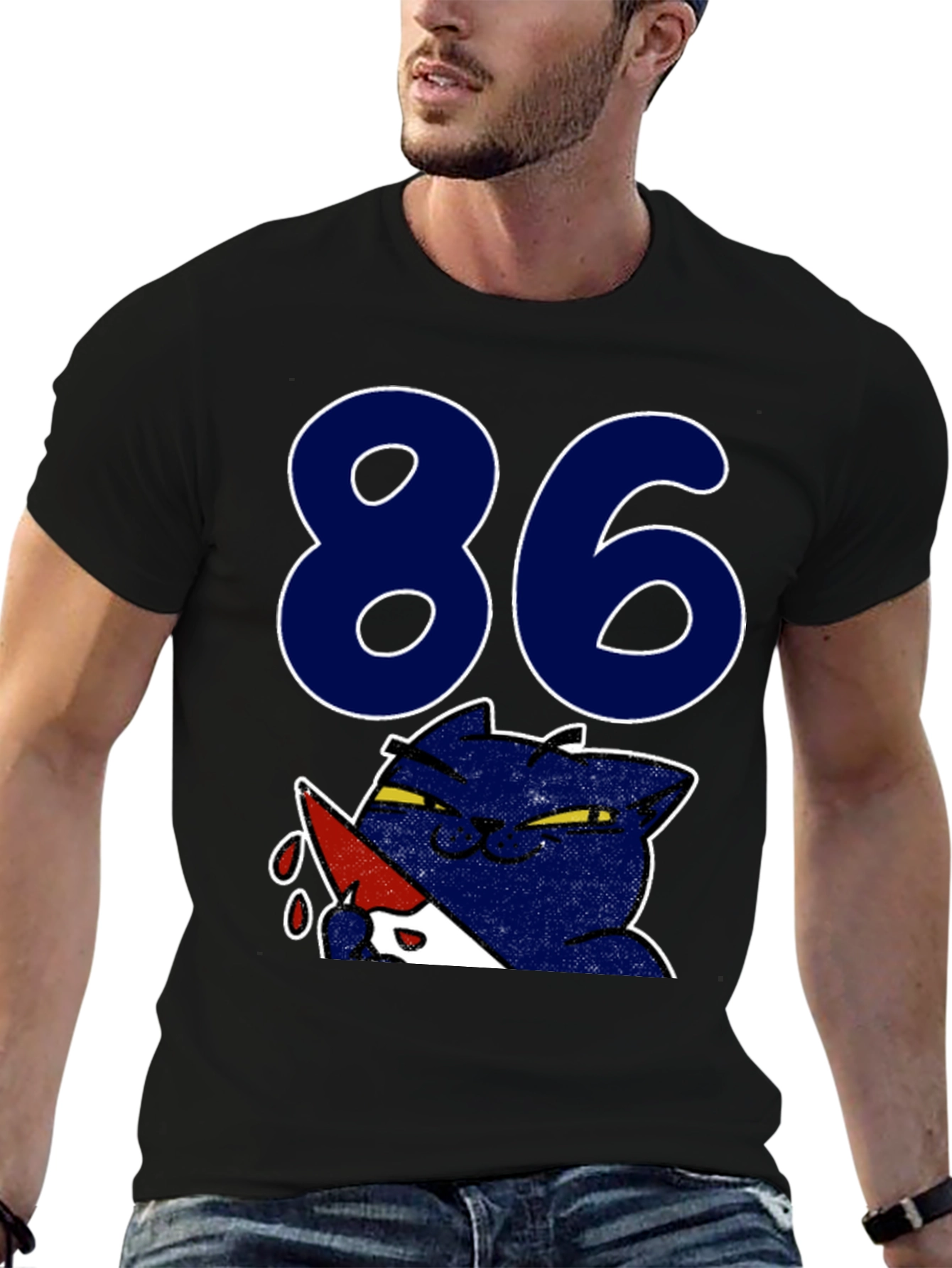 Funny Cat 86 T-Shirt - Black Crew Neck Tee