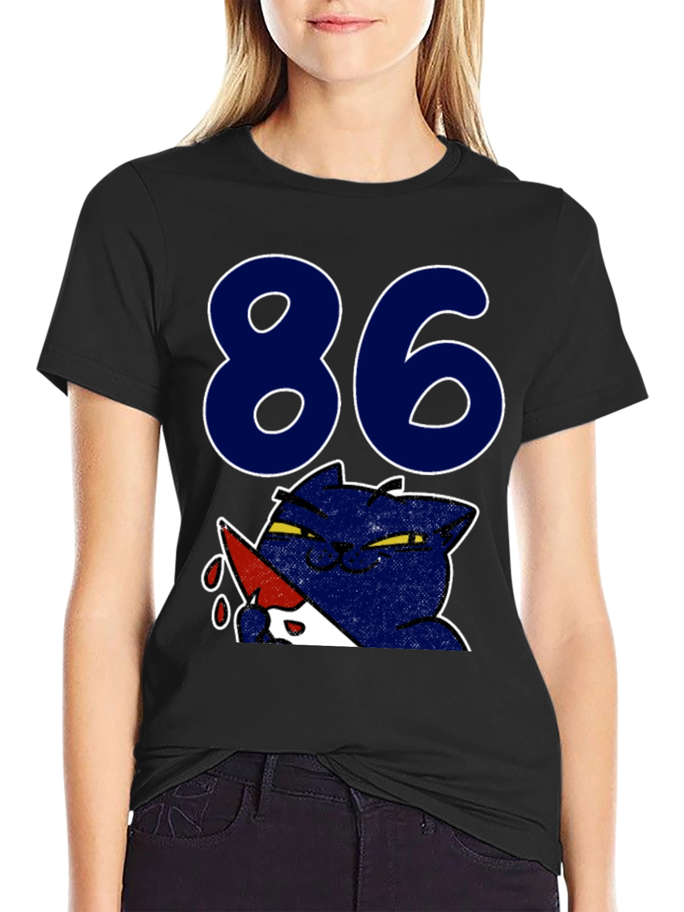 Funny Cat 86 T-Shirt - Black Crew Neck Tee
