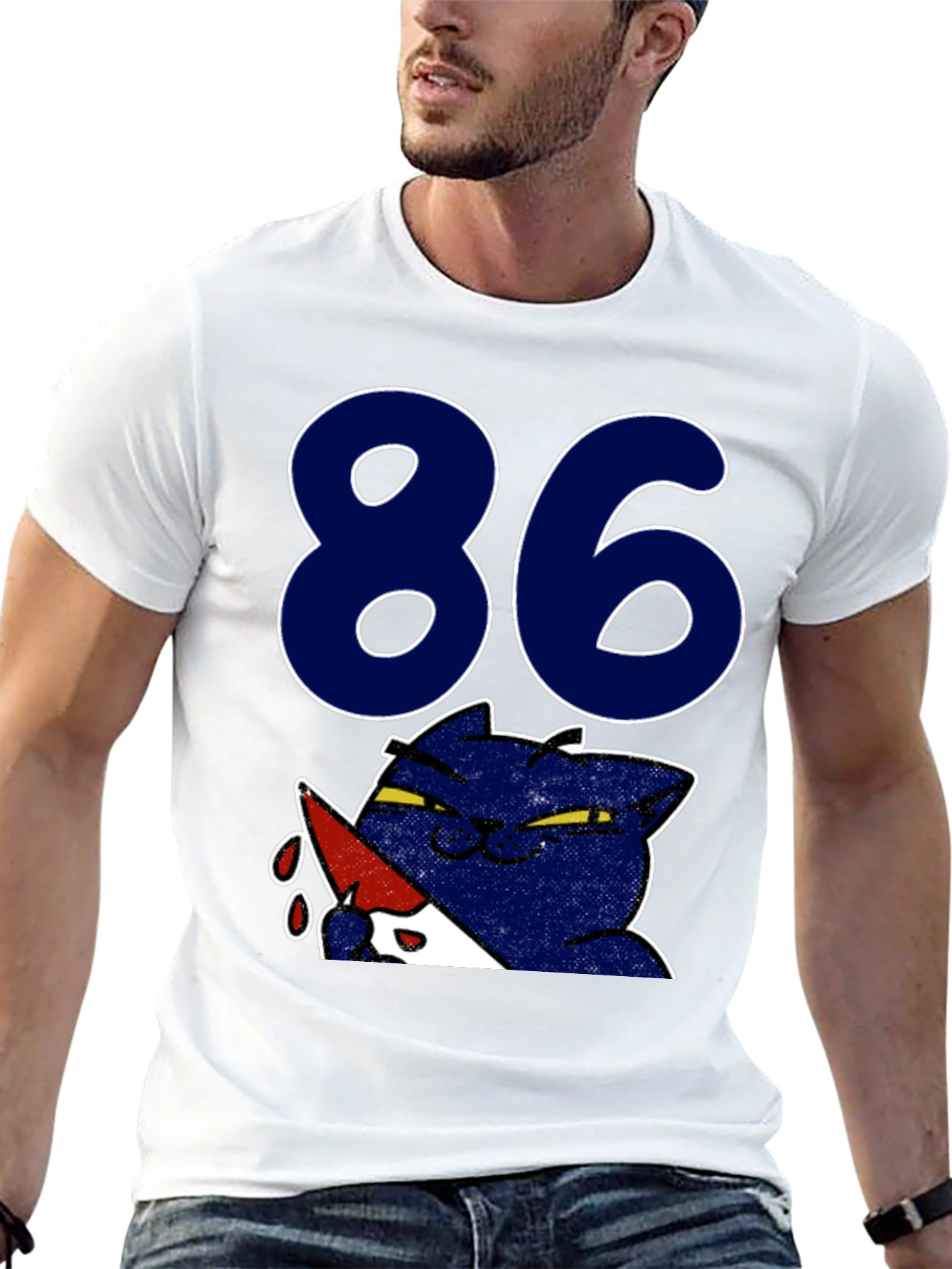 Funny Cat 86 T-Shirt - Black Crew Neck Tee