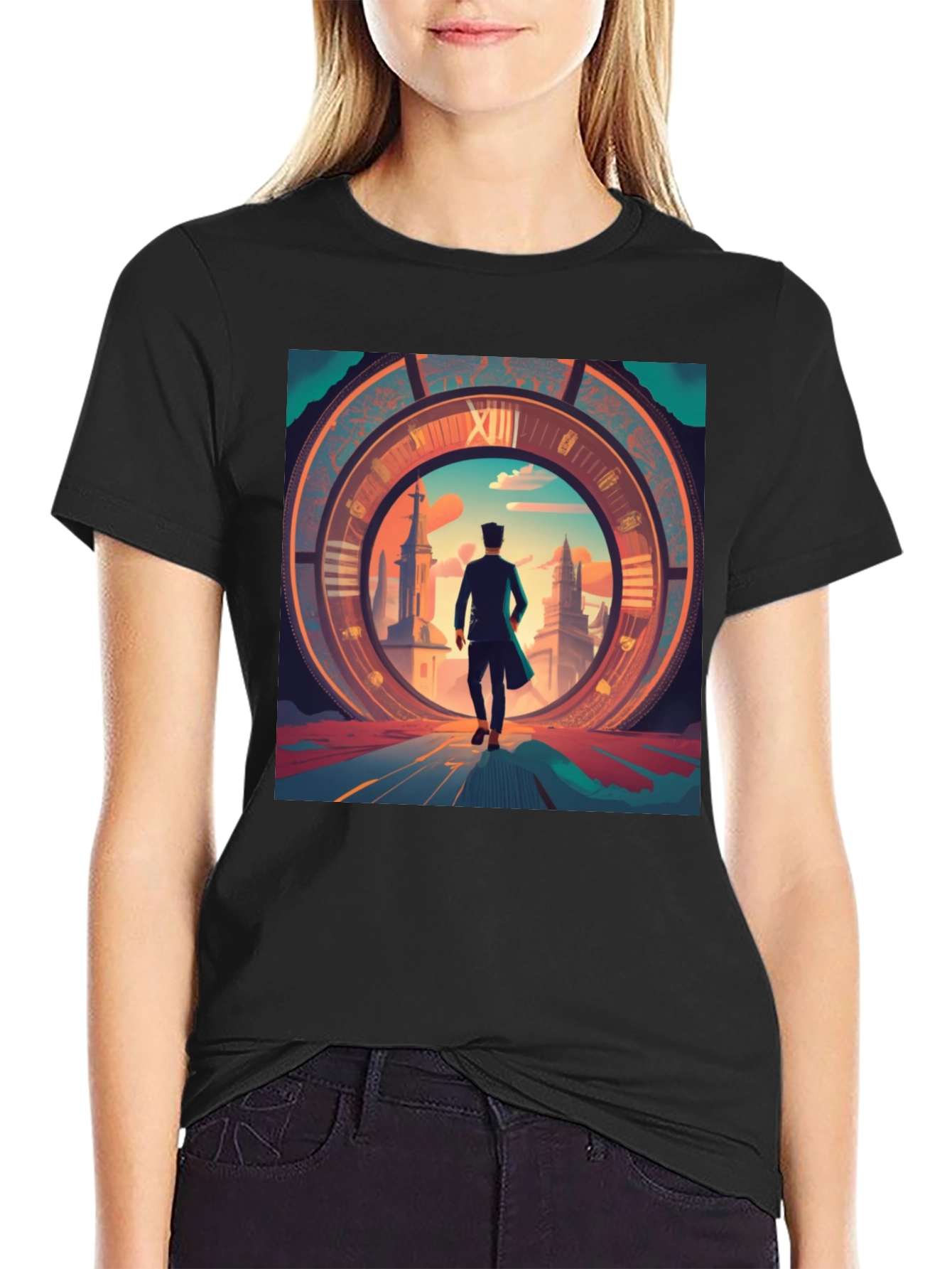 Time Traveler Graphic Tee - Black Cotton Blend Shirt