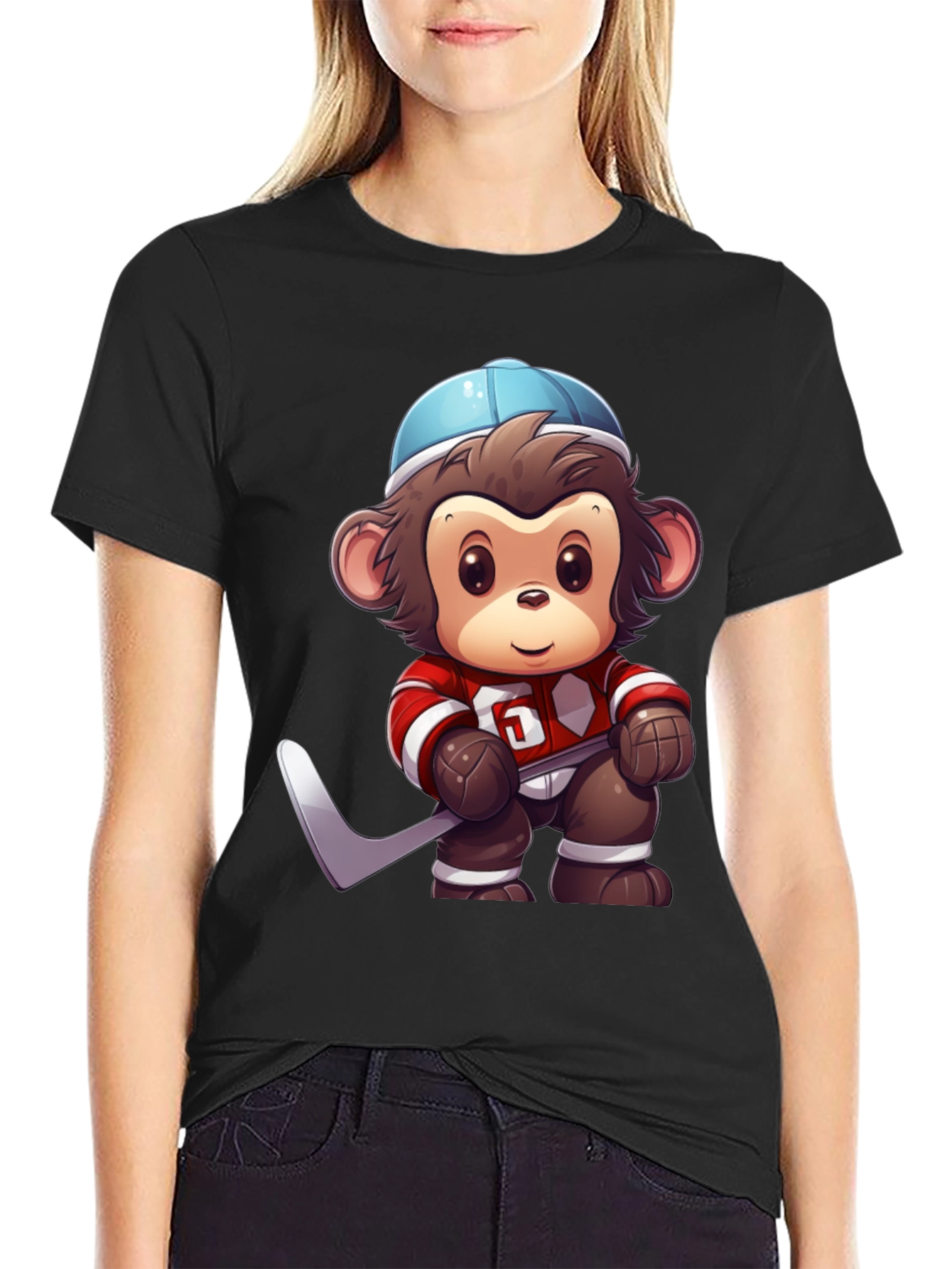 Monkey Hockey Player Graphic T-Shirt