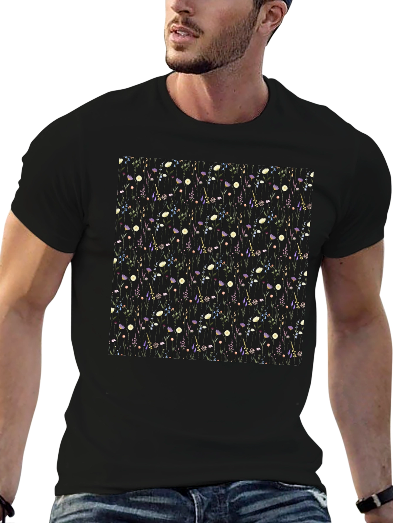 Floral Patterned Black T-Shirt