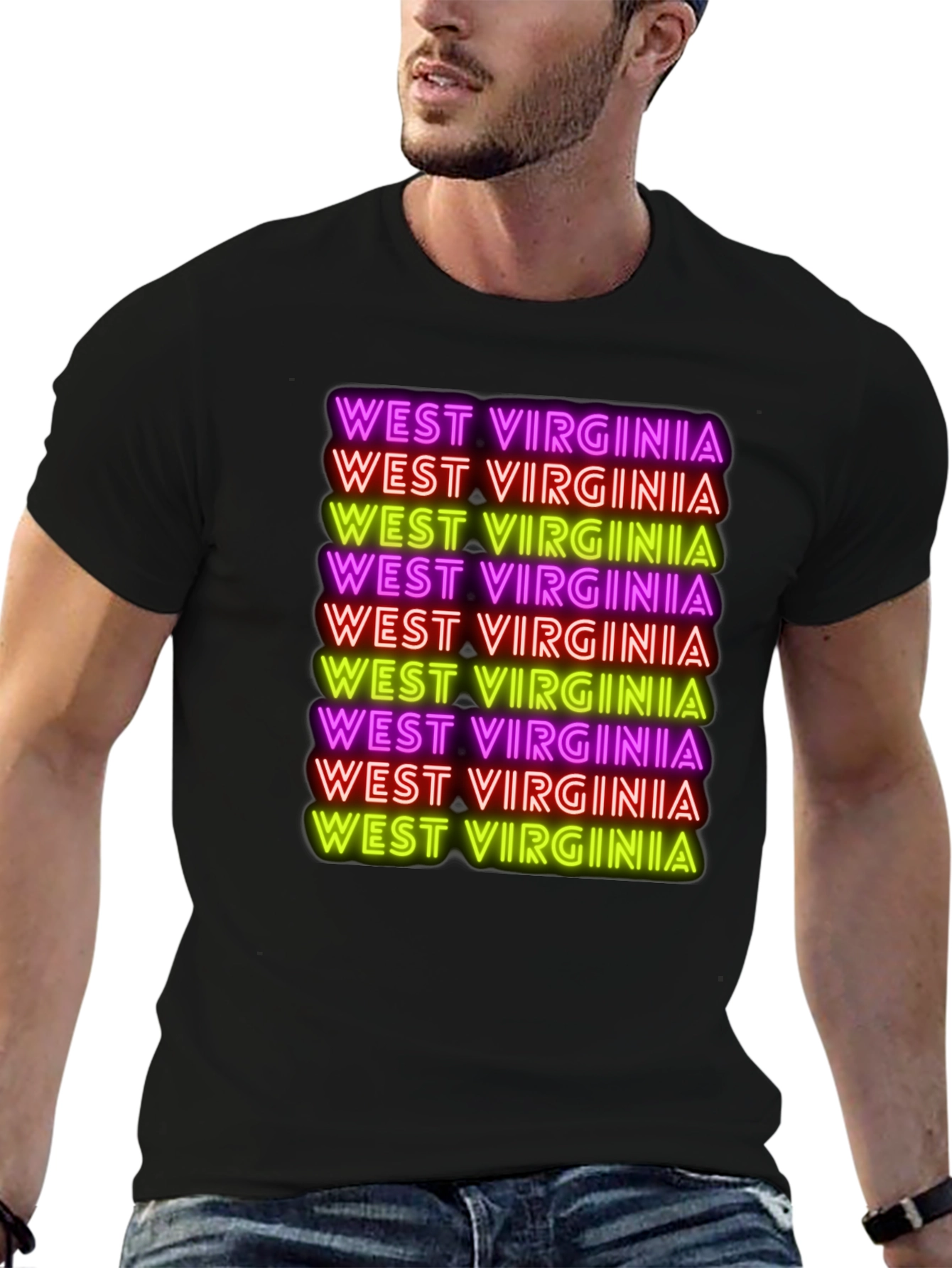 West Virginia Neon Text Black T-Shirt