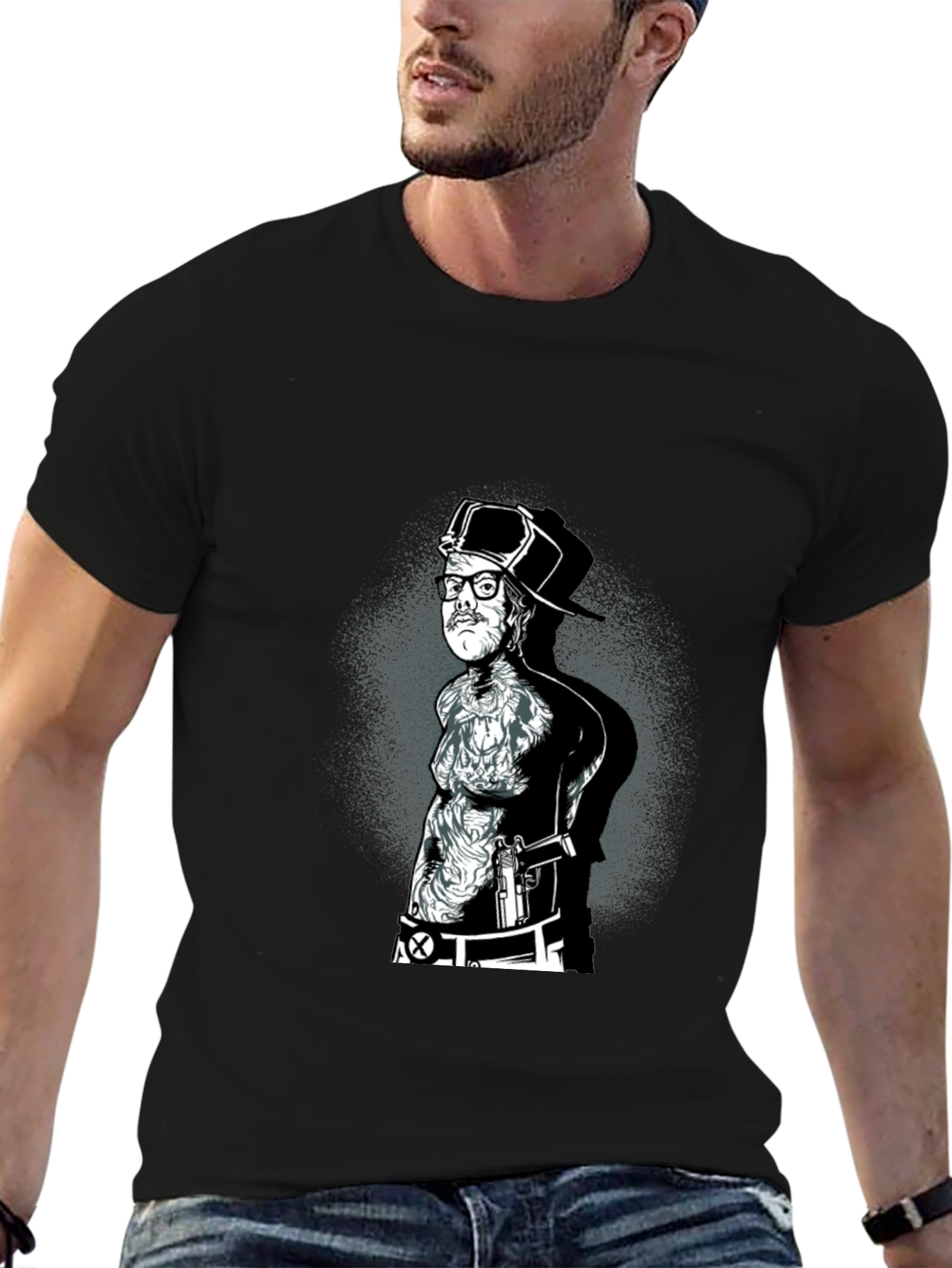 Black Graphic Tee - Tattooed Man with Gun
