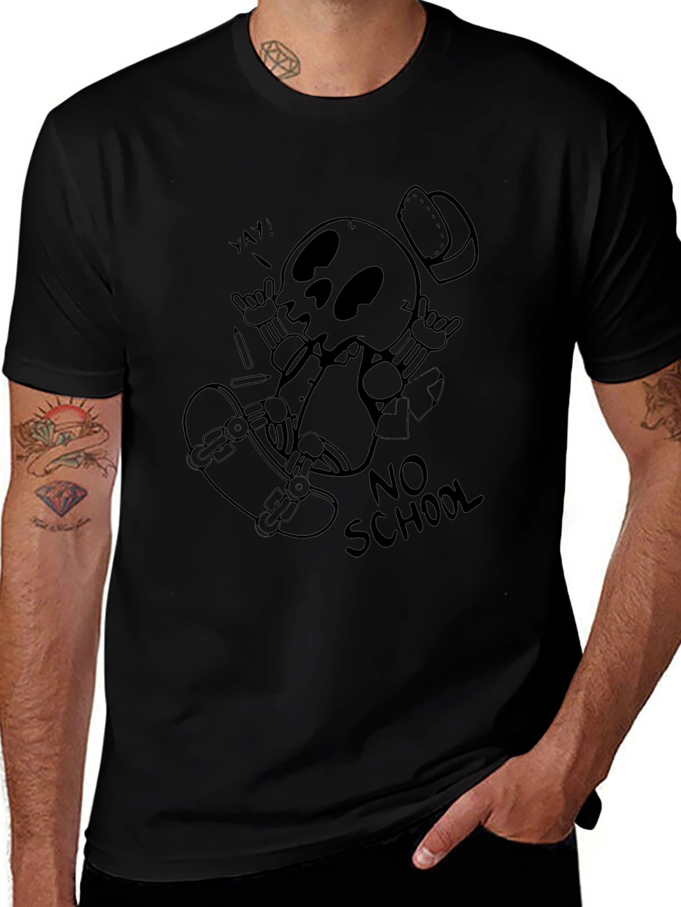 Cool Skeleton Skateboard Graphic Black T-Shirt